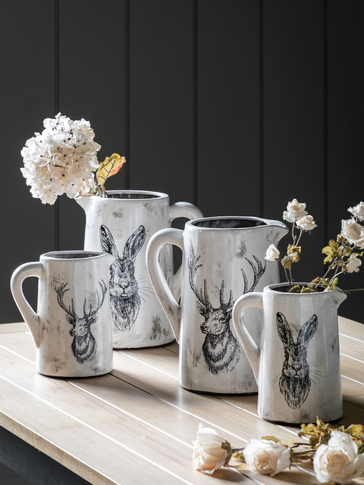 Distressed White Ceramic Pitcher for Flowers, Medium Size