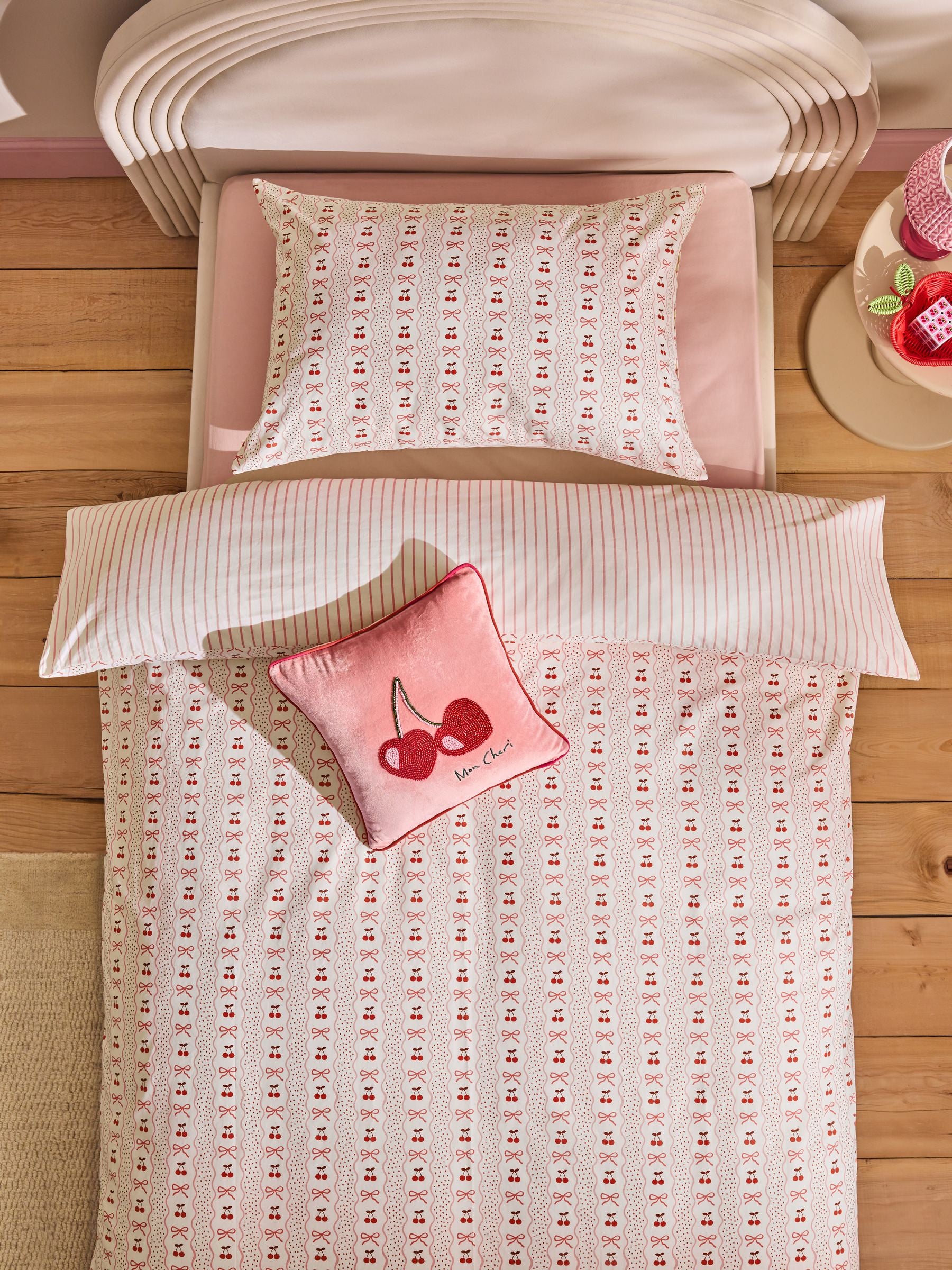 Pink Cherry Bow Duvet Cover and Pillowcase Set