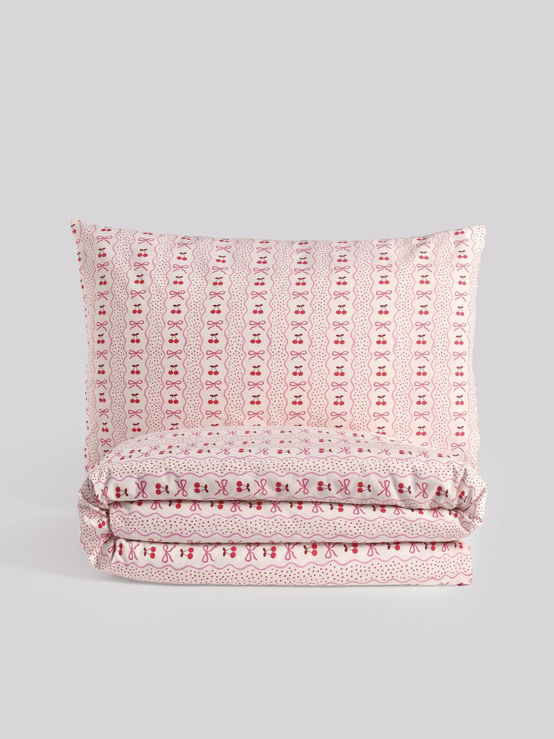 Pink Cherry Bow Duvet Cover and Pillowcase Set