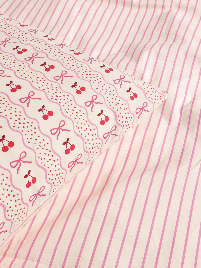 Pink Cherry Bow Duvet Cover and Pillowcase Set