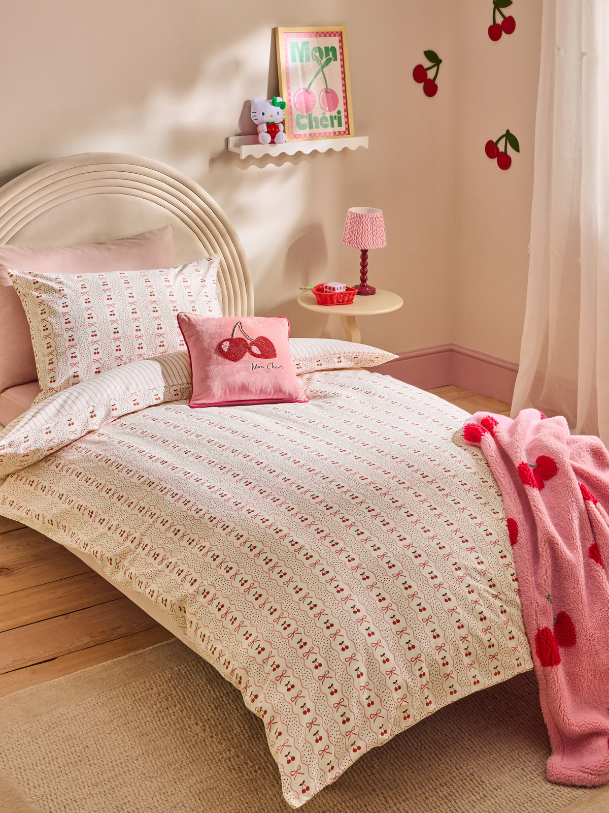 Pink Cherry Bow Duvet Cover and Pillowcase Set