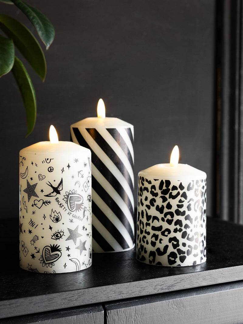 Rockett St George printed LED candles cream black 3 pack, imported from the UK