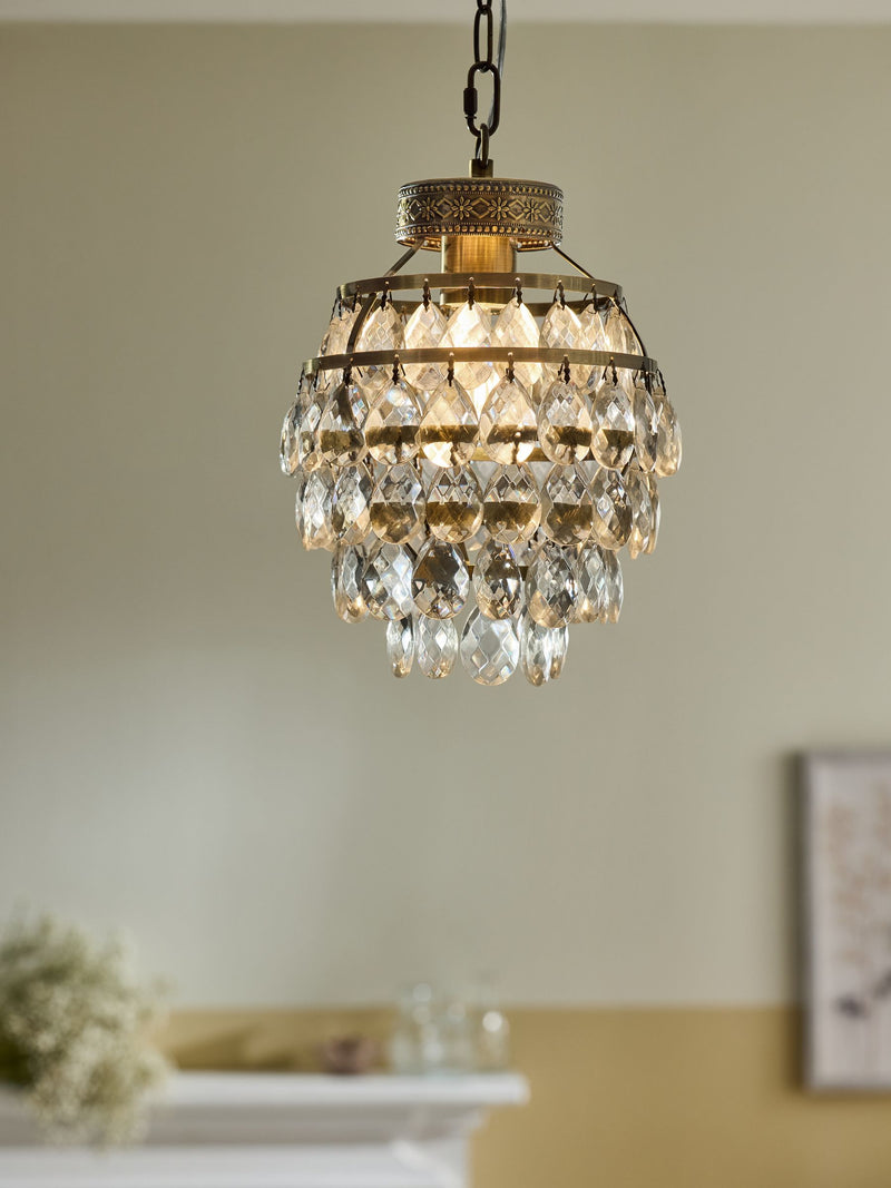 Shabby Chic brass glass pendant light with crystal droplets - British product