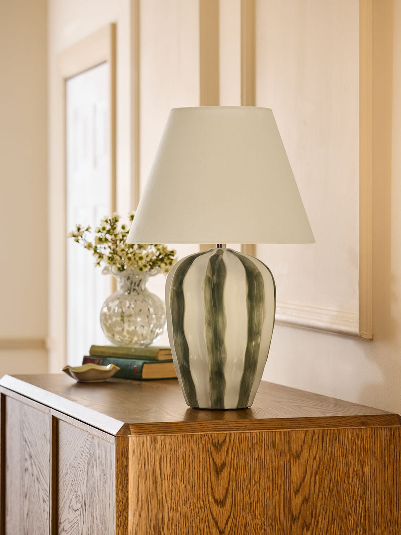 Nina Campbell Green Ecru Lydia striped table lamp with linen shade - British product
