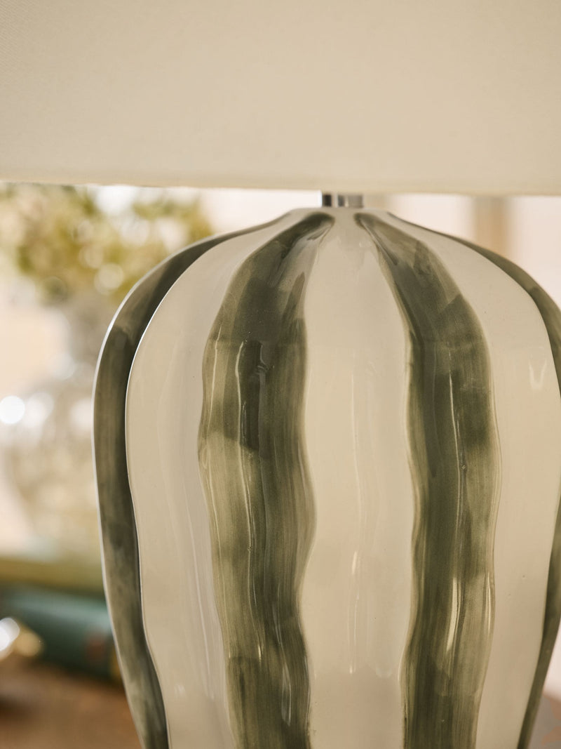 Nina Campbell Green Ecru Lydia striped table lamp with linen shade - British product