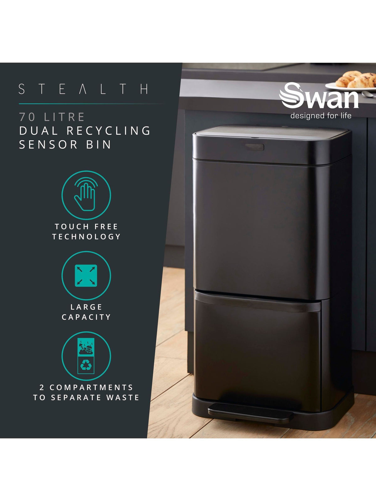 Swan Black Stealth Dual Recycling Sensor Bin with Retainer Body