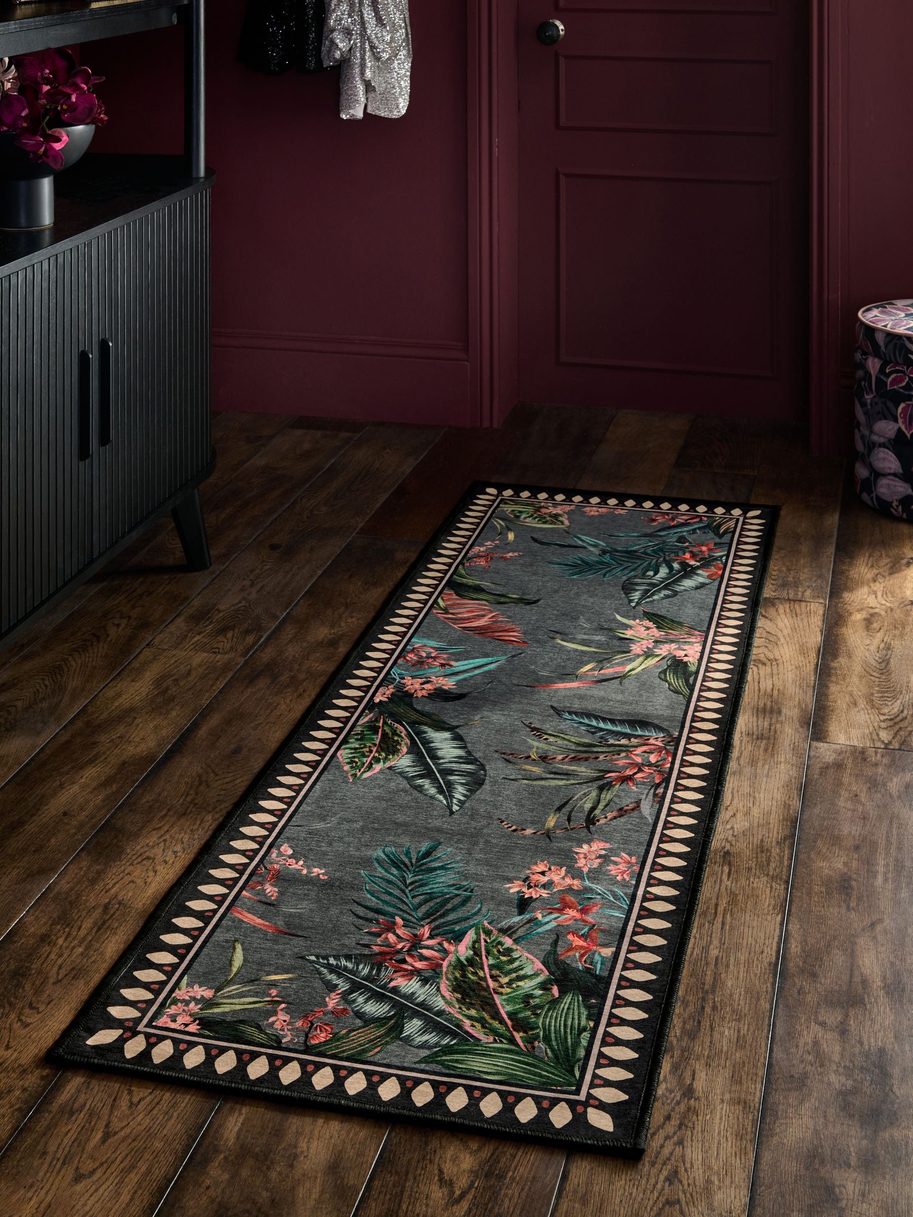 Charcoal grey tropical border runner rug, UK version