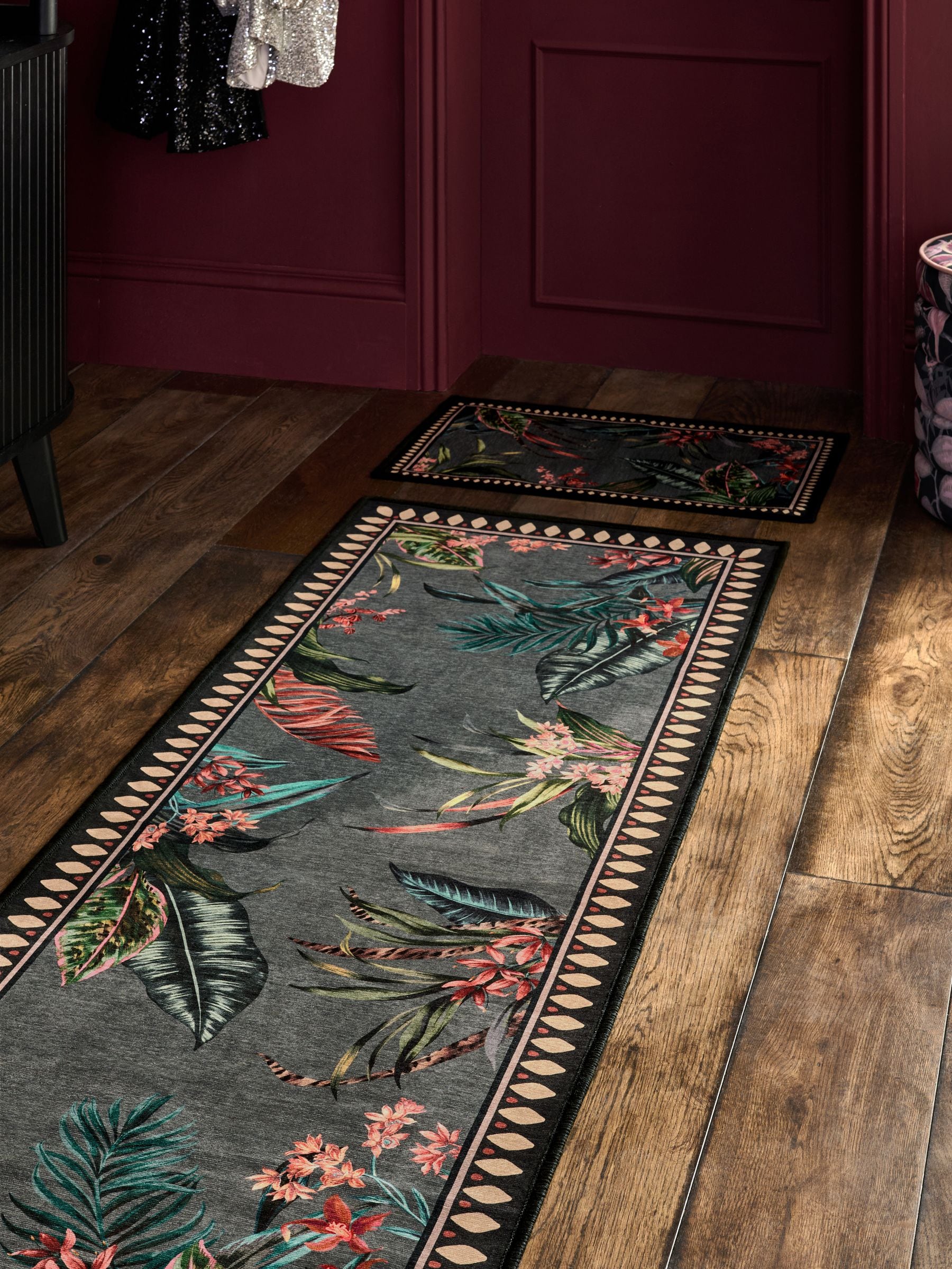Charcoal grey tropical border runner rug, UK version