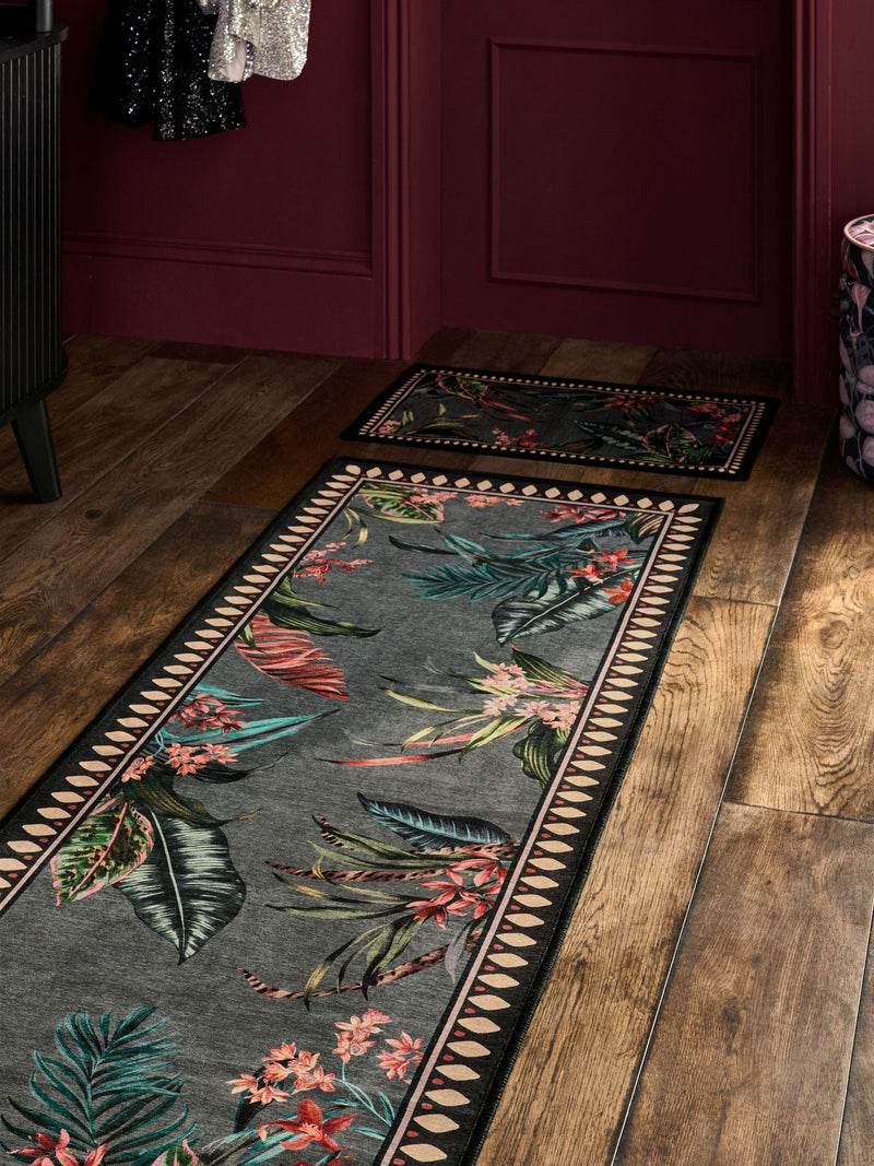 Charcoal grey tropical border runner rug, UK version