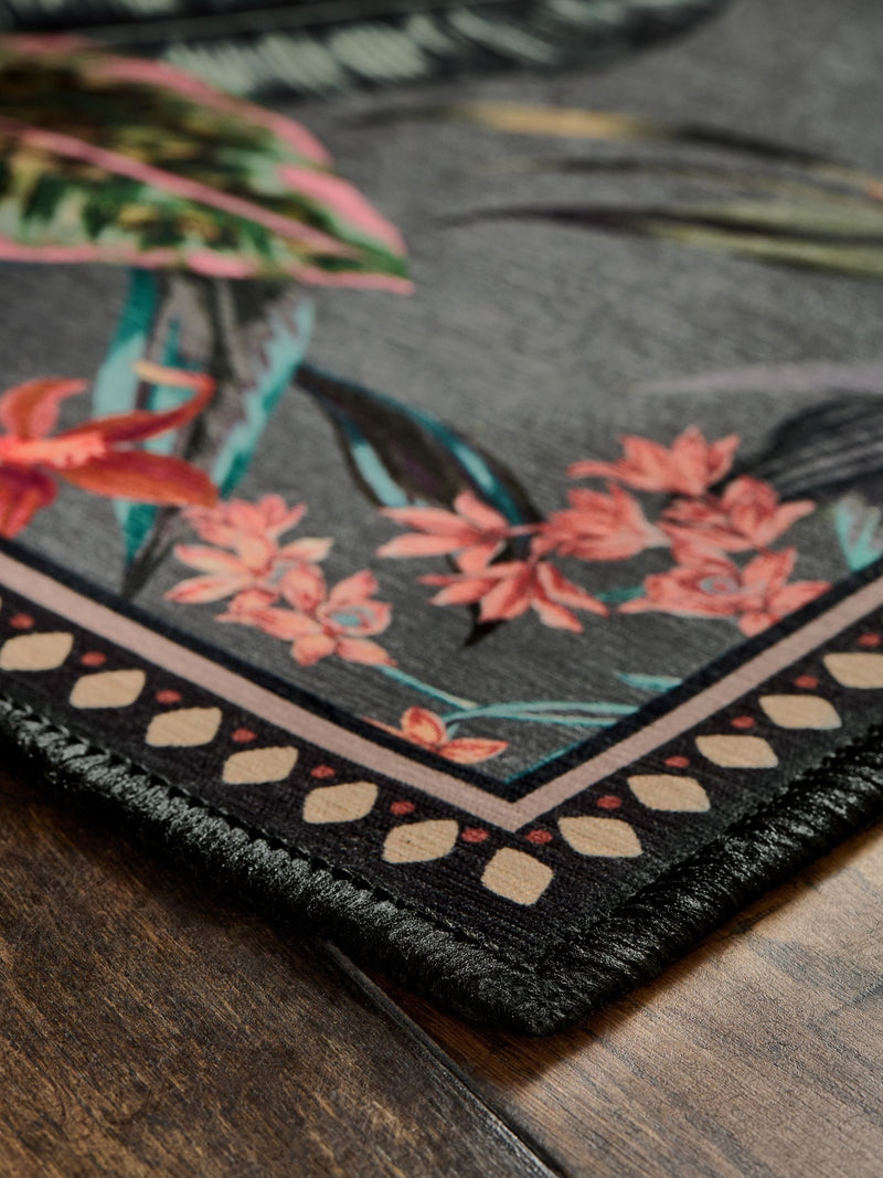 Charcoal grey tropical border runner rug, UK version