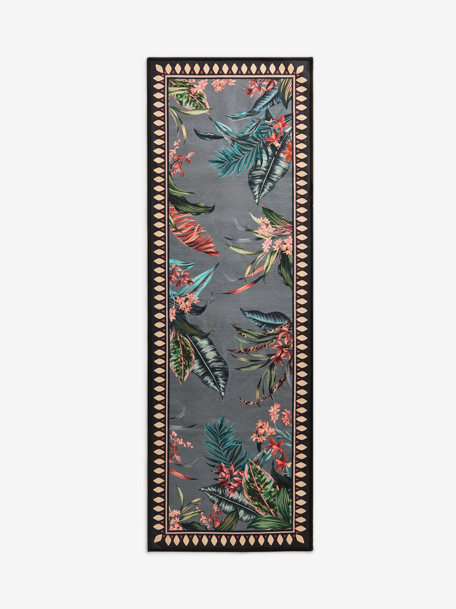 Charcoal grey tropical border runner rug, UK version