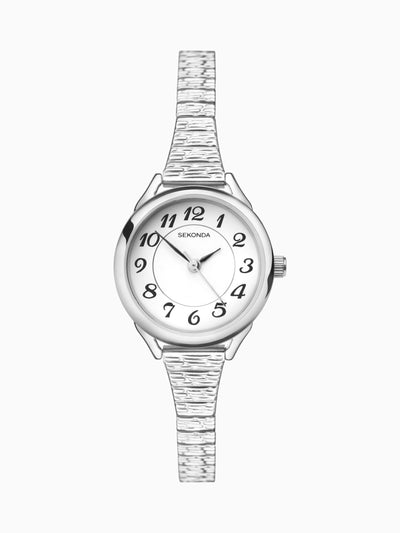 Klassische Damenuhr mit silbernem Edelstahl-Armband und weißem, mattem Zifferblatt