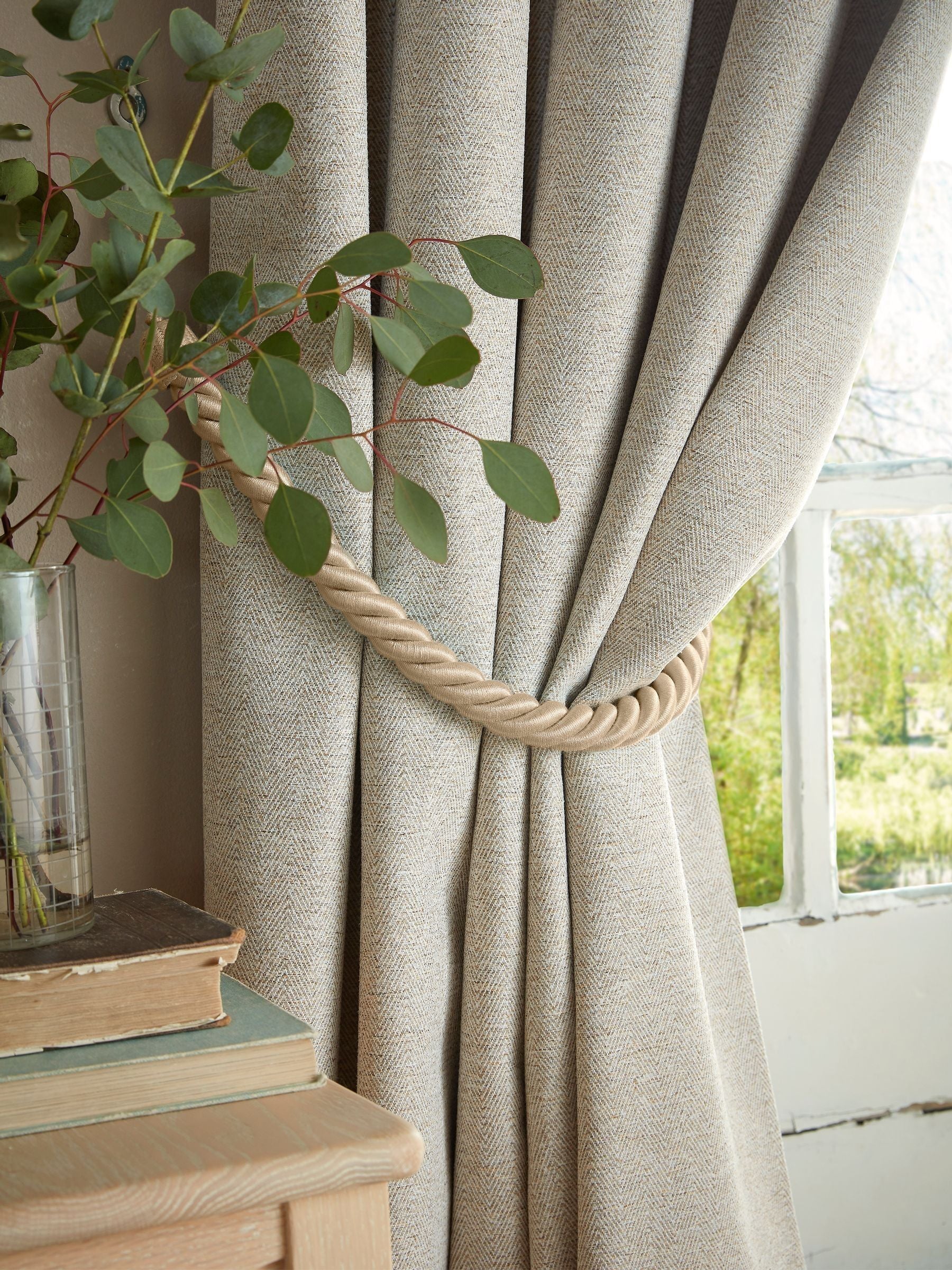 Laura Ashley Natural Truffle Milbourne Herringbone Eyelet curtains 112cm x 137cm (British brand)