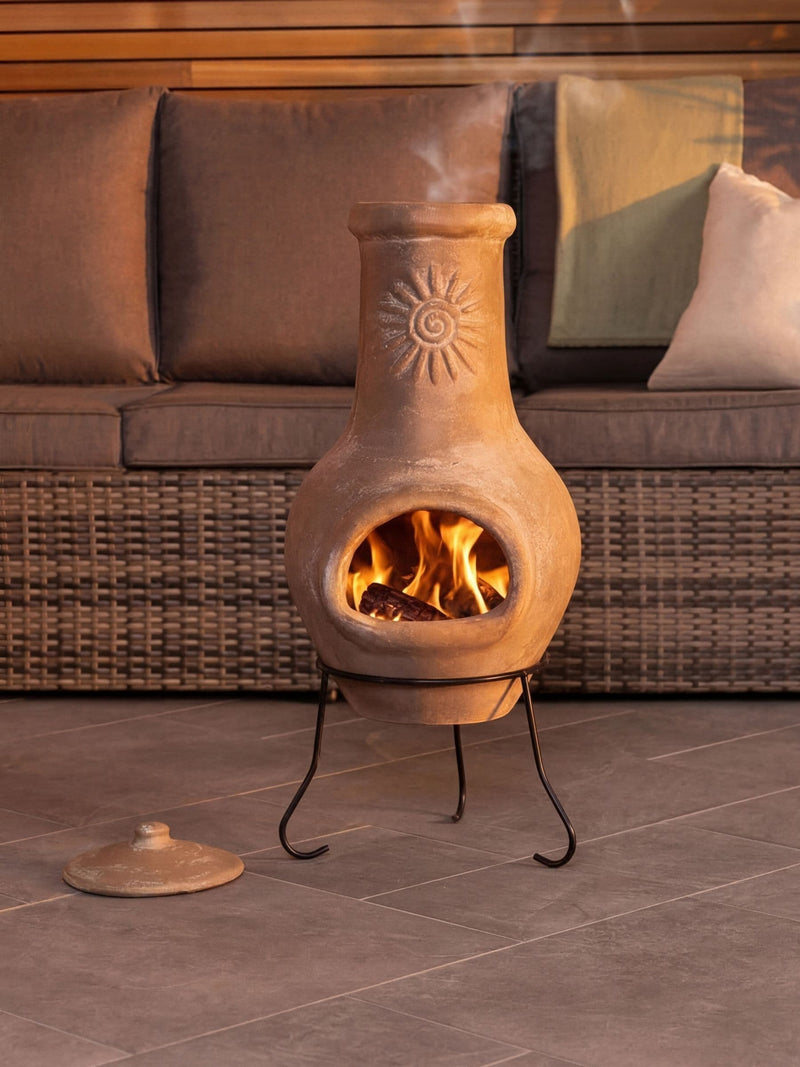 Charles Bentley clay garden chiminea with sun design (British brand)