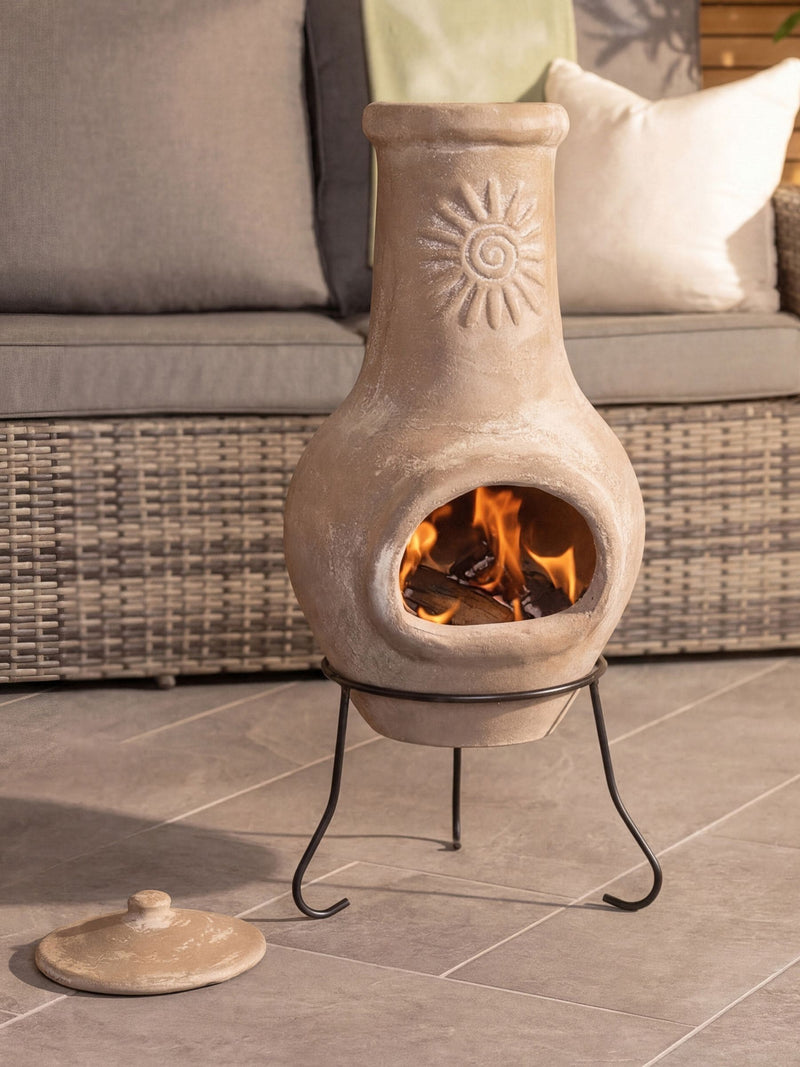 Charles Bentley clay garden chiminea with sun design (British brand)