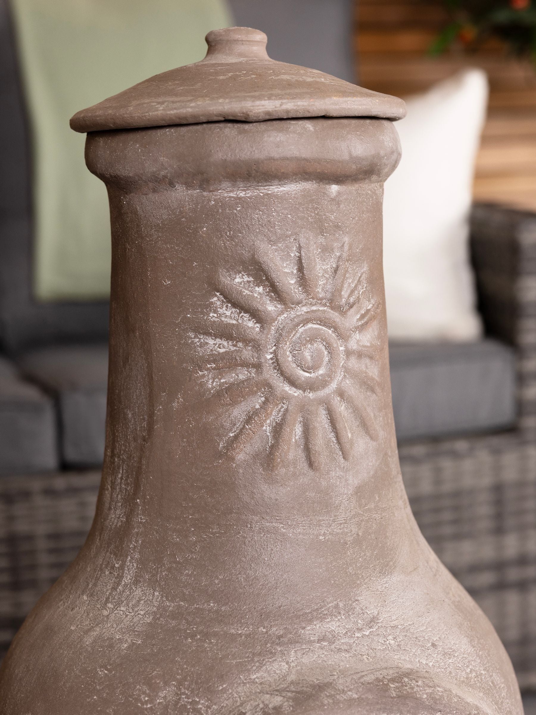 Charles Bentley clay garden chiminea with sun design (British brand)