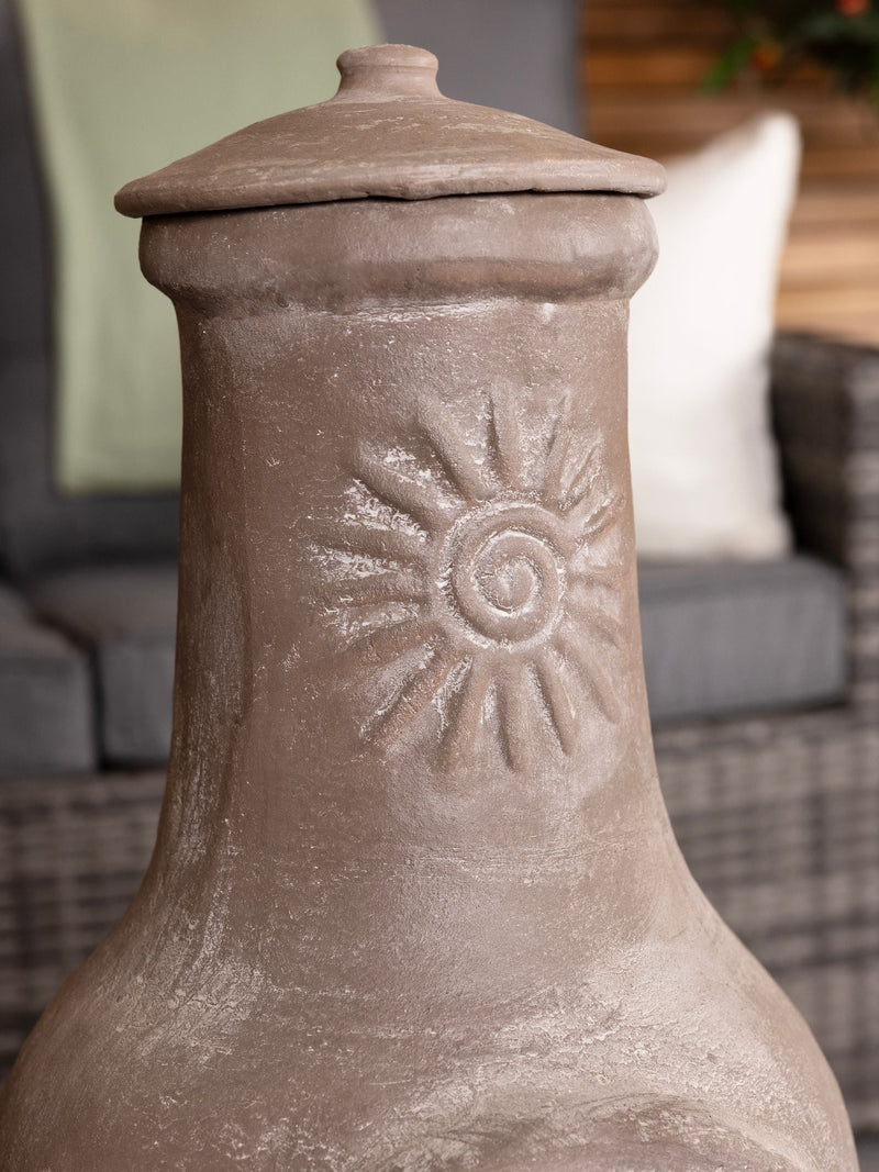 Charles Bentley clay garden chiminea with sun design (British brand)