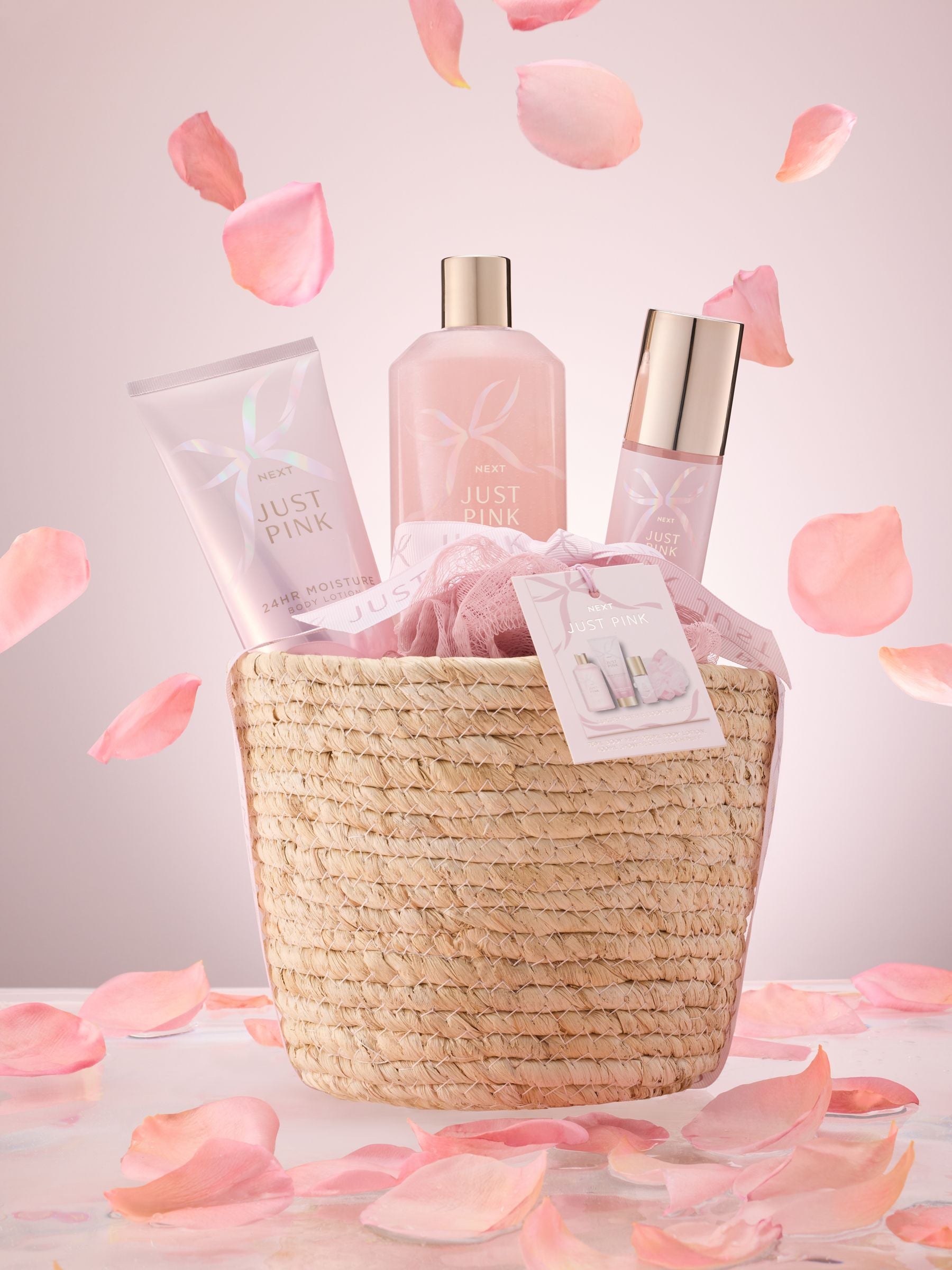 Just Pink bath and body gift basket set, imported from the UK