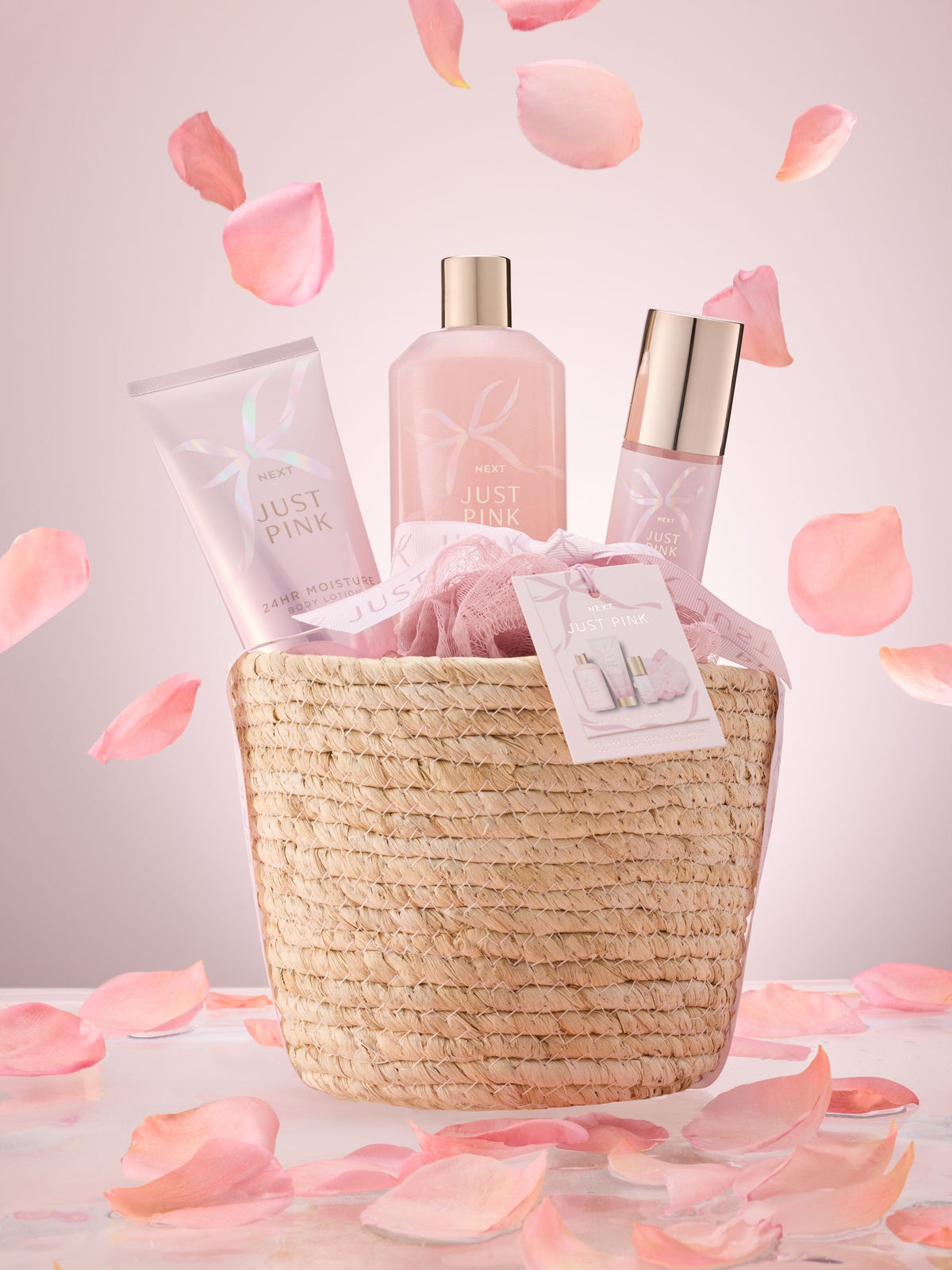 Just Pink bath and body gift basket set, imported from the UK