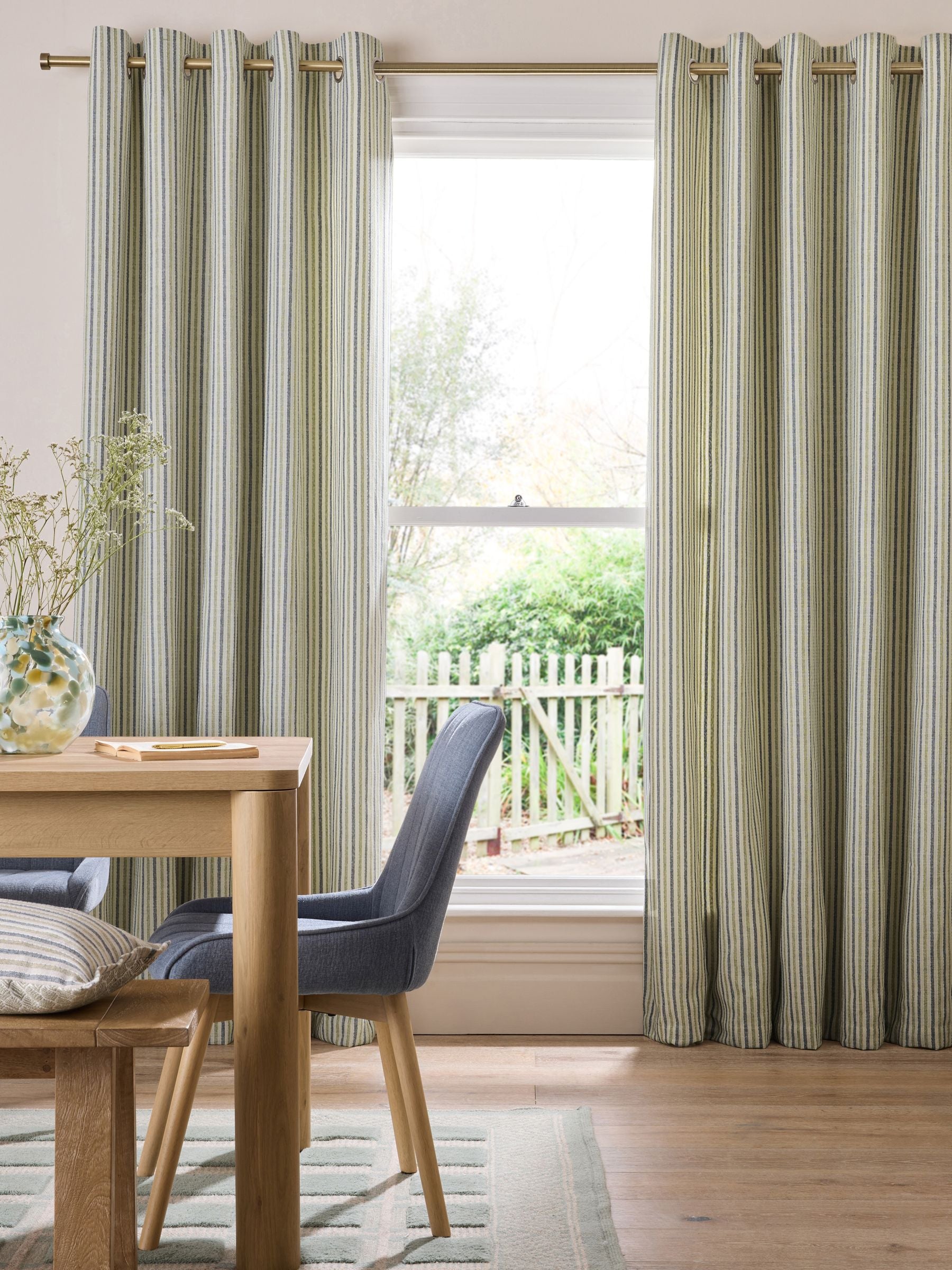 Blue green stripe eyelet curtains (British brand)