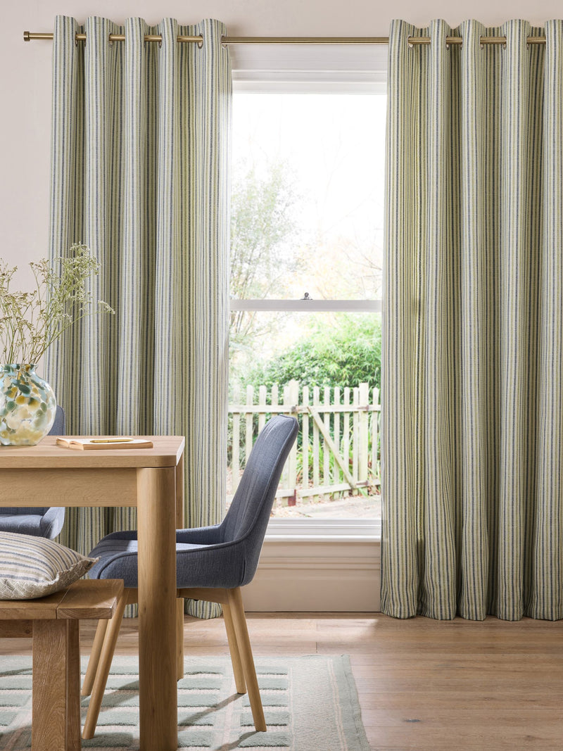 Blue green stripe eyelet curtains (British brand)