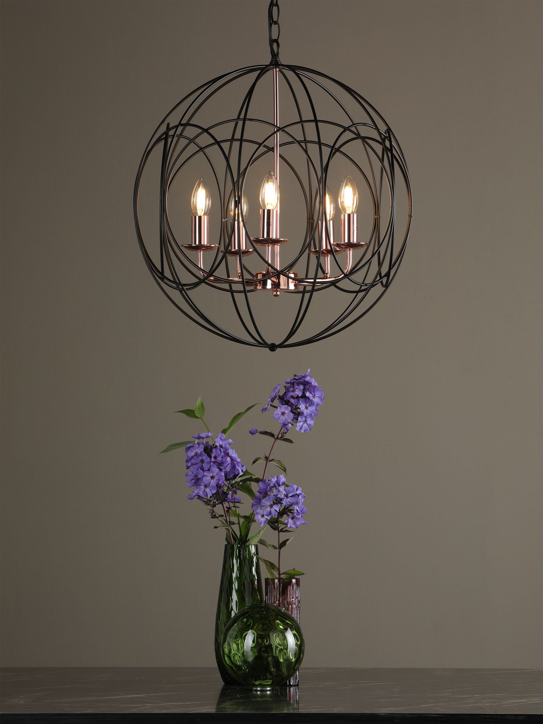 Dar Lighting Phoenix 5-light pendant in black and copper, UK version