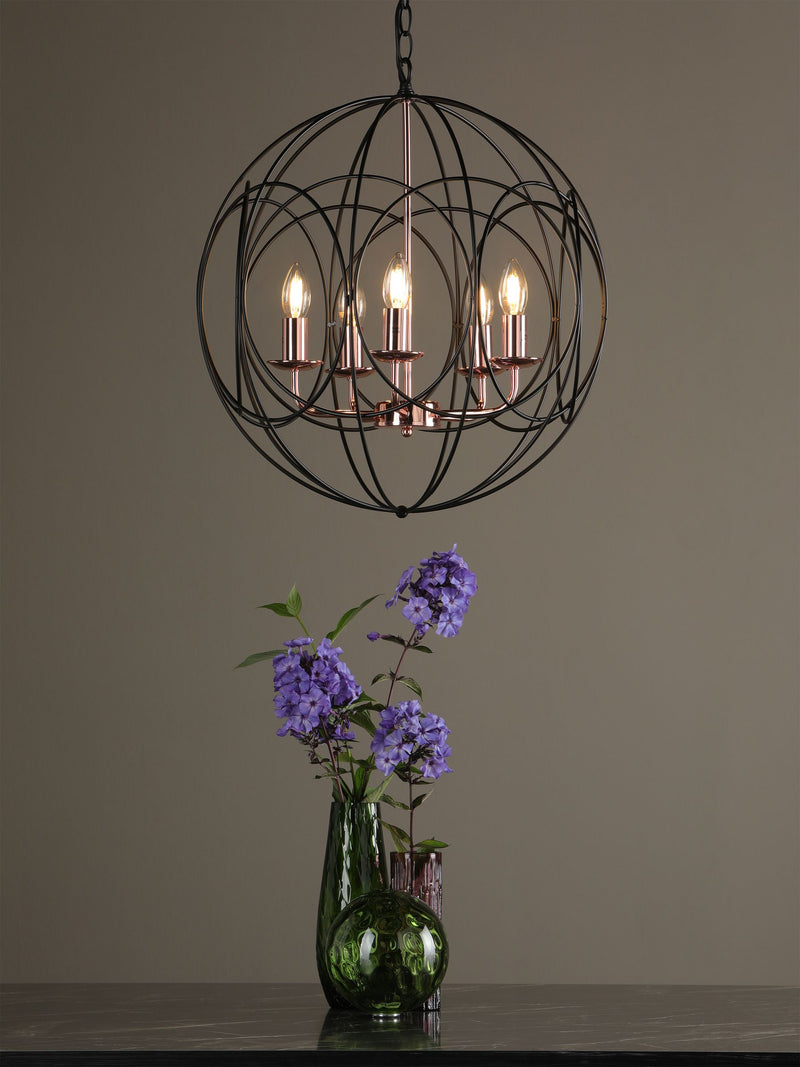Dar Lighting Phoenix 5-light pendant in black and copper, UK version