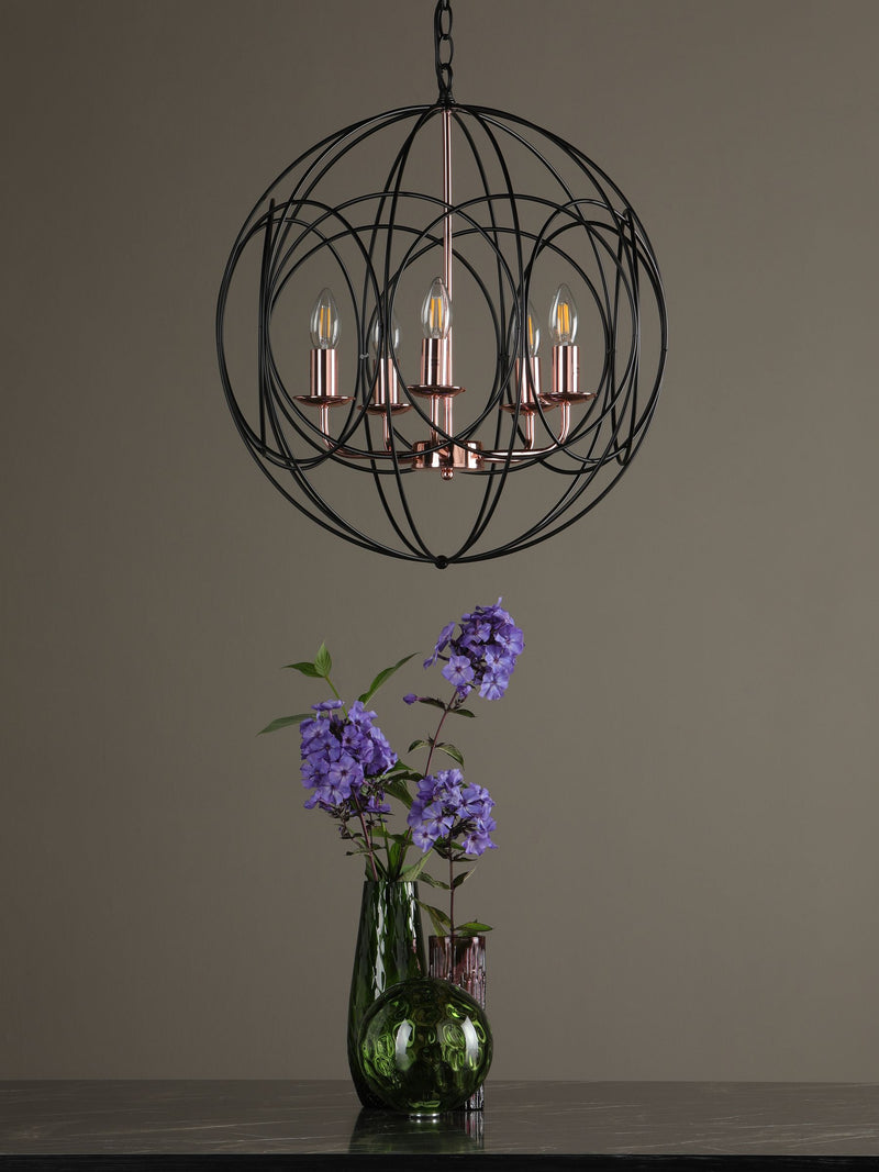 Dar Lighting Phoenix 5-light pendant in black and copper, UK version