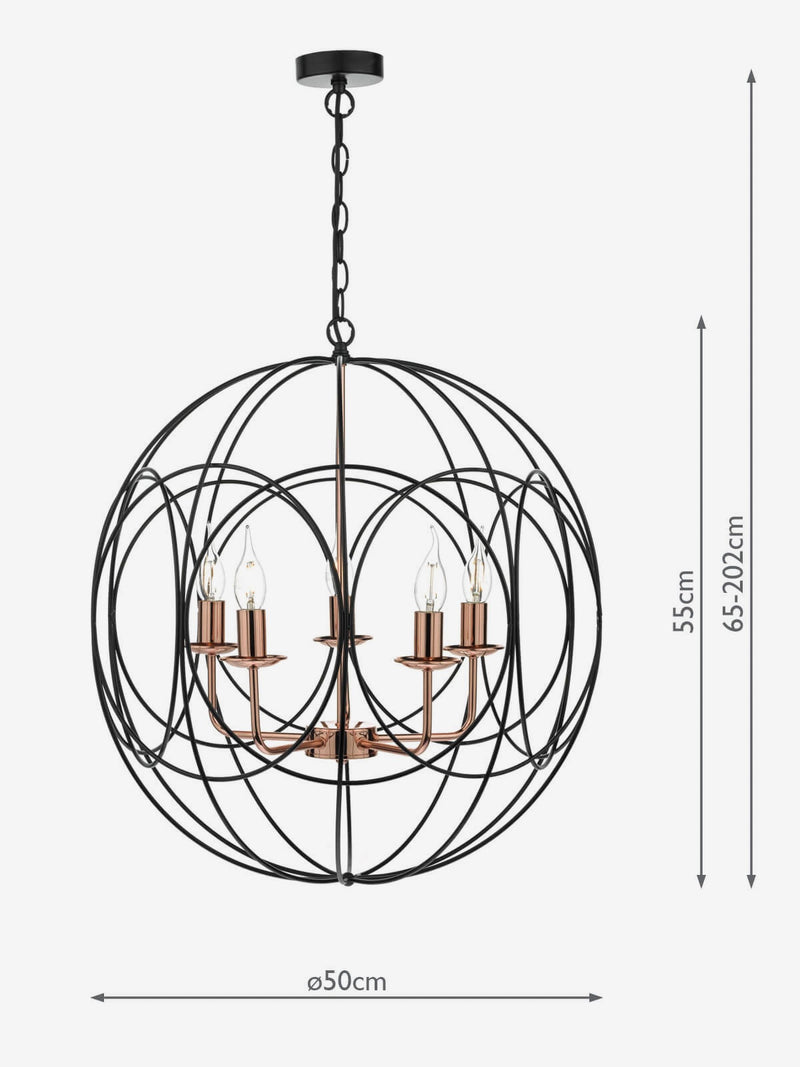 Dar Lighting Phoenix 5-light pendant in black and copper, UK version