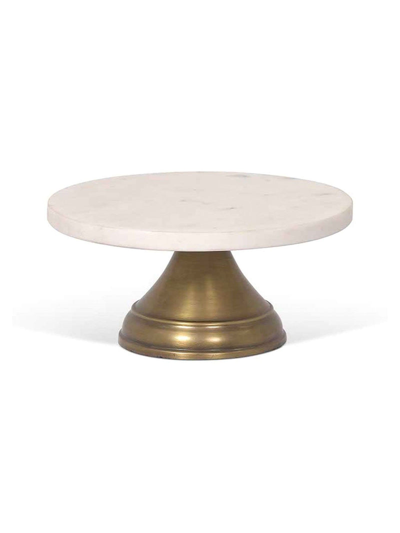 Garden Trading white marble cake stand with antique brass base, imported from the UK