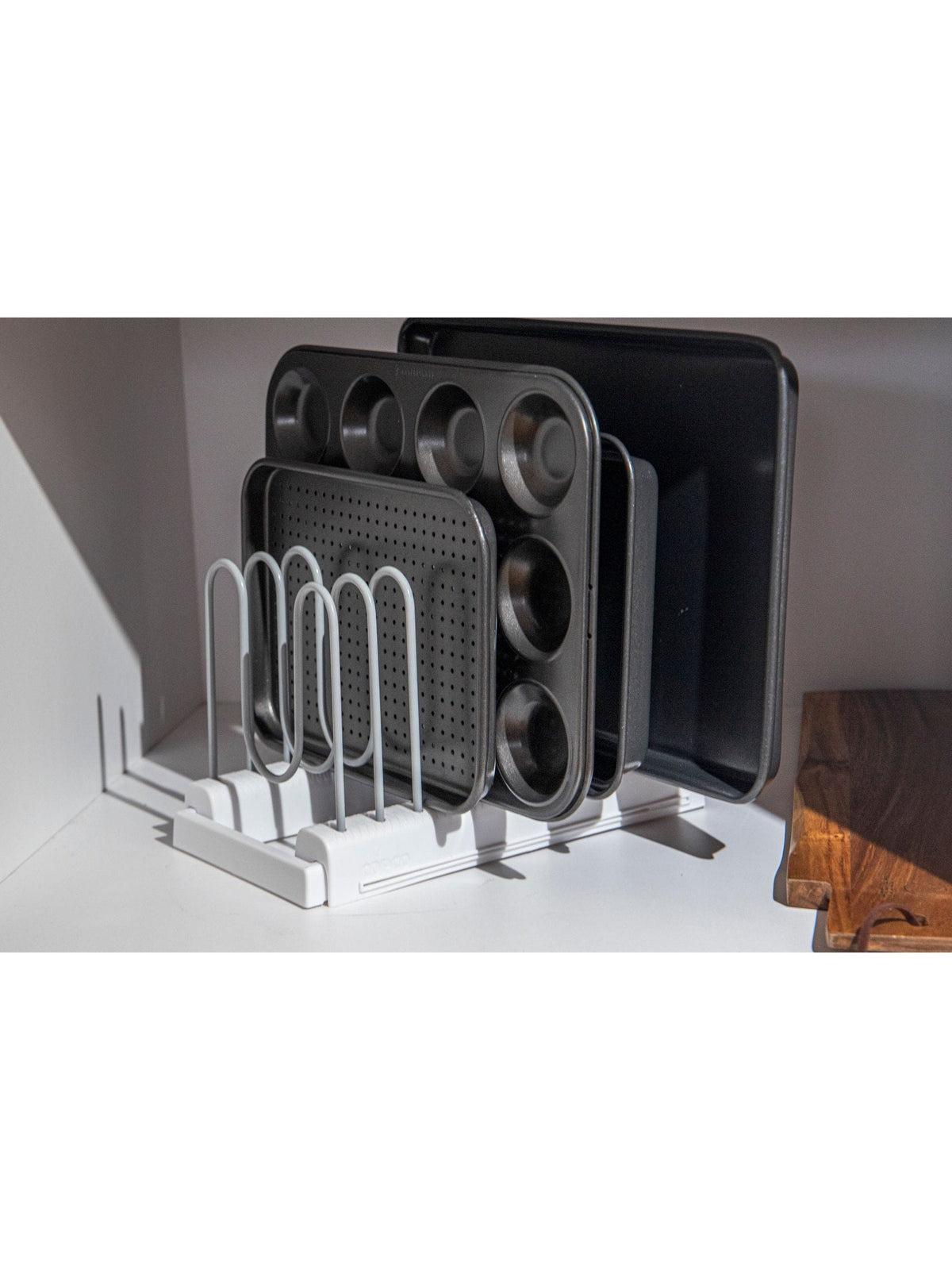 COPCO white plastic plate rack and pot lid organiser, imported from the UK
