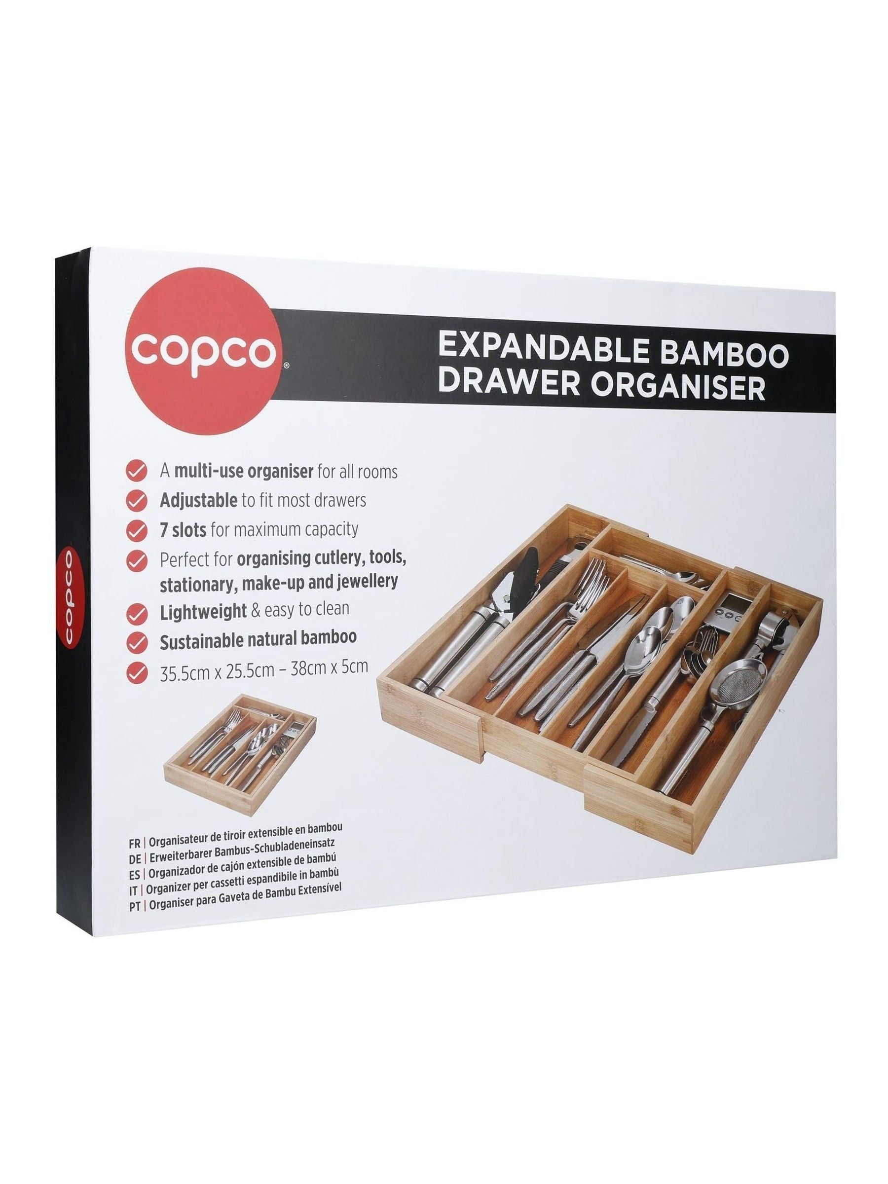 Copco expandable bamboo cutlery tray, UK version