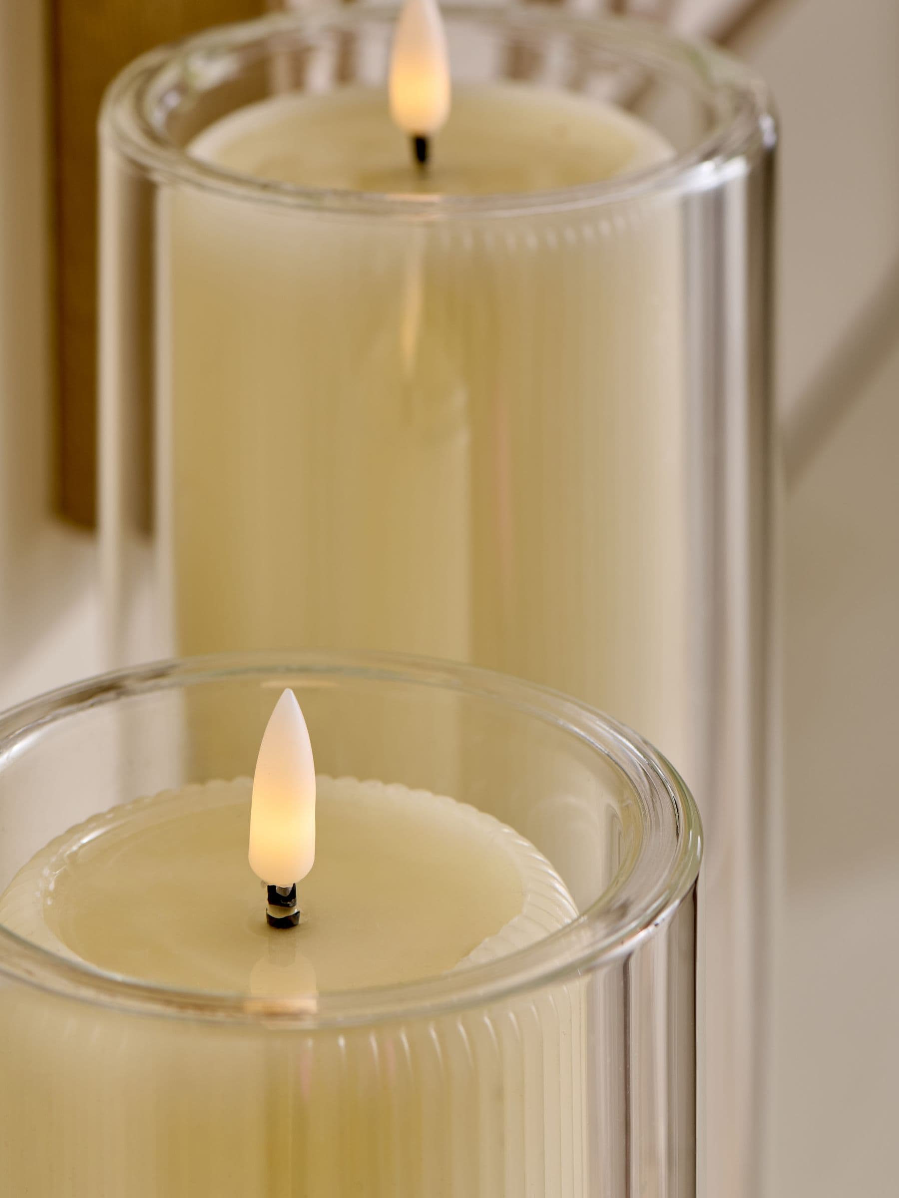 Set of 2 clear glass LED pillar candles unscented (British brand)