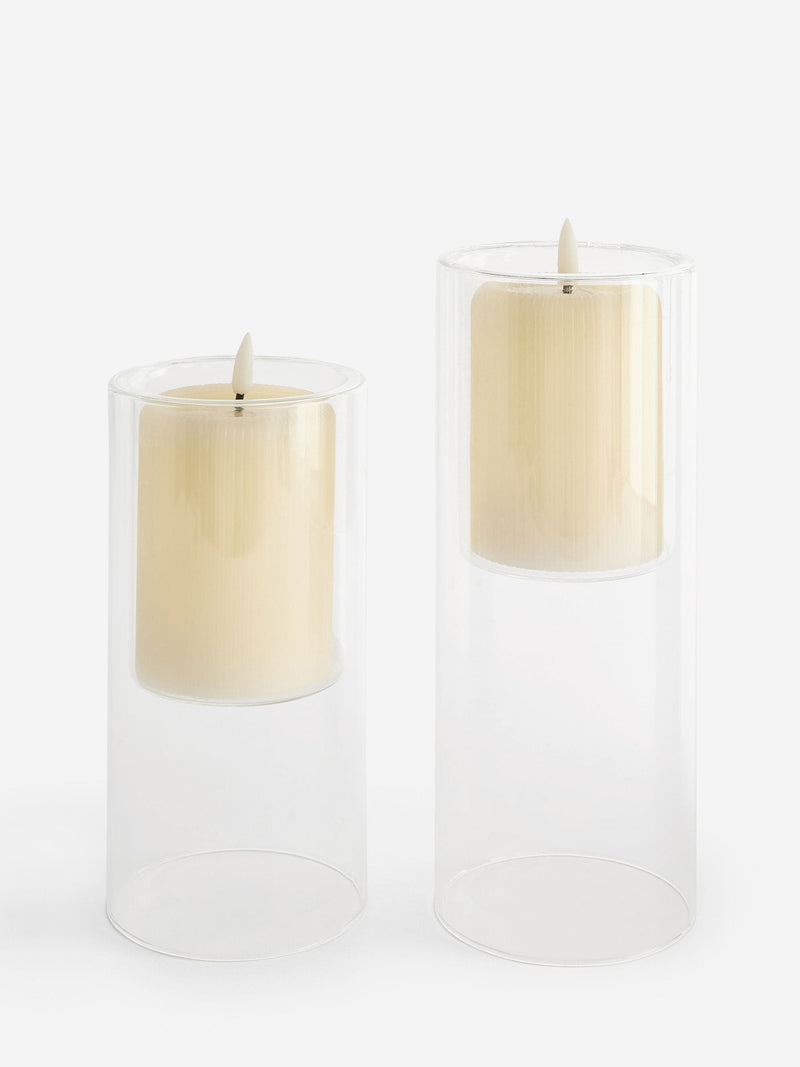 Set of 2 clear glass LED pillar candles unscented (British brand)