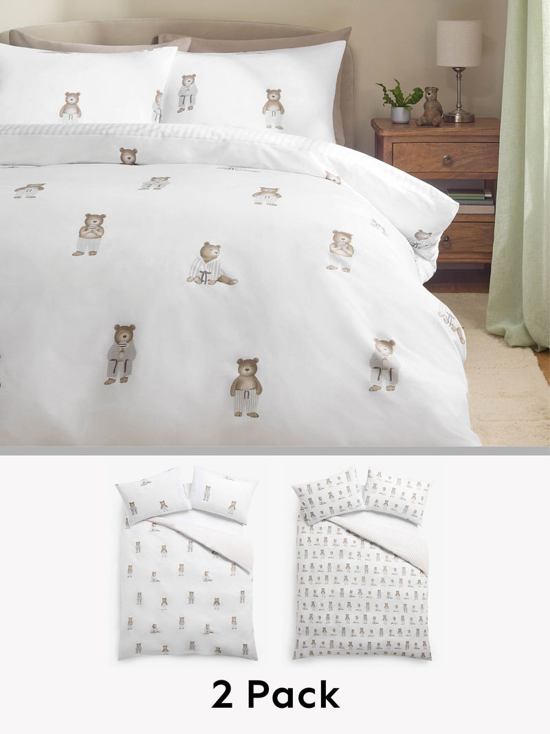 White Natural Bertie Bear reversible duvet cover and pillowcase set (British brand)