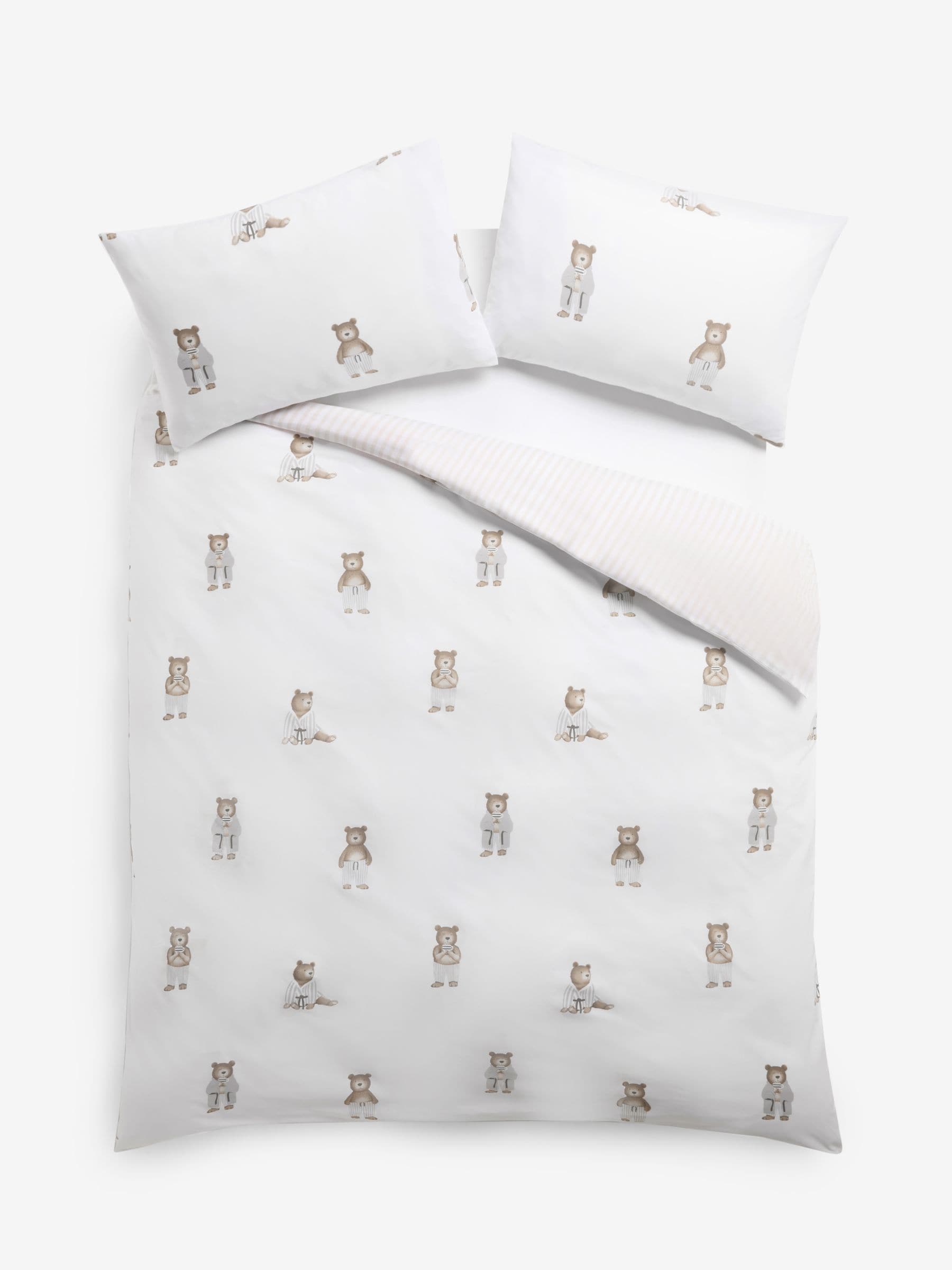 White Natural Bertie Bear reversible duvet cover and pillowcase set (British brand)