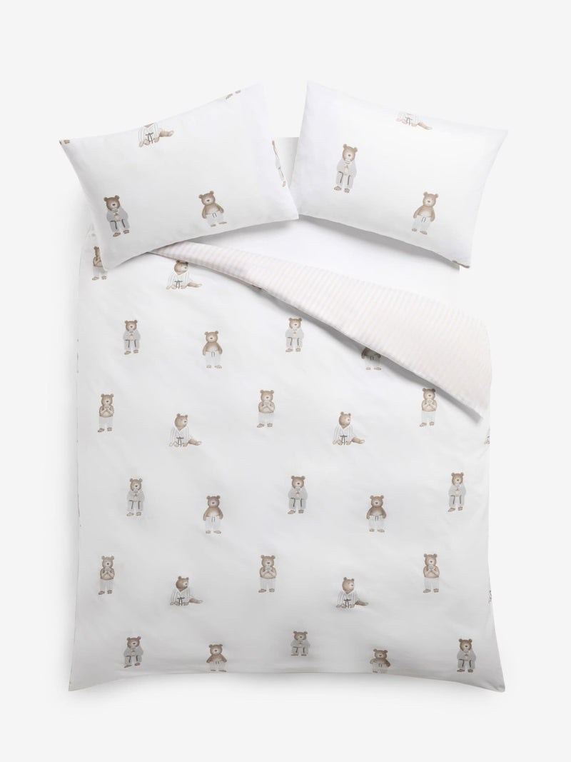 White Natural Bertie Bear reversible duvet cover and pillowcase set (British brand)