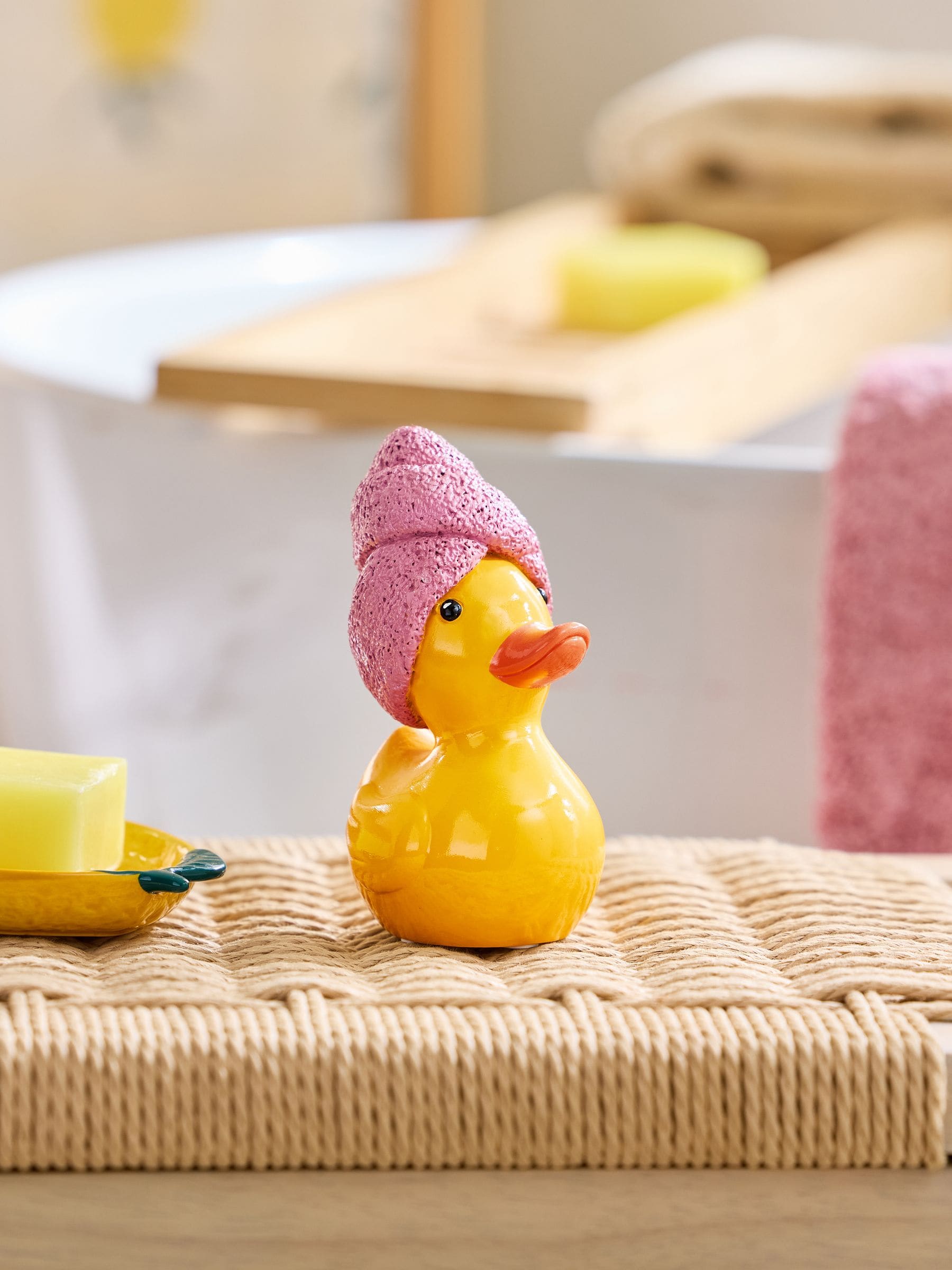 Yellow duck ornament with pink hair wrap 12.5cm, imported from the UK