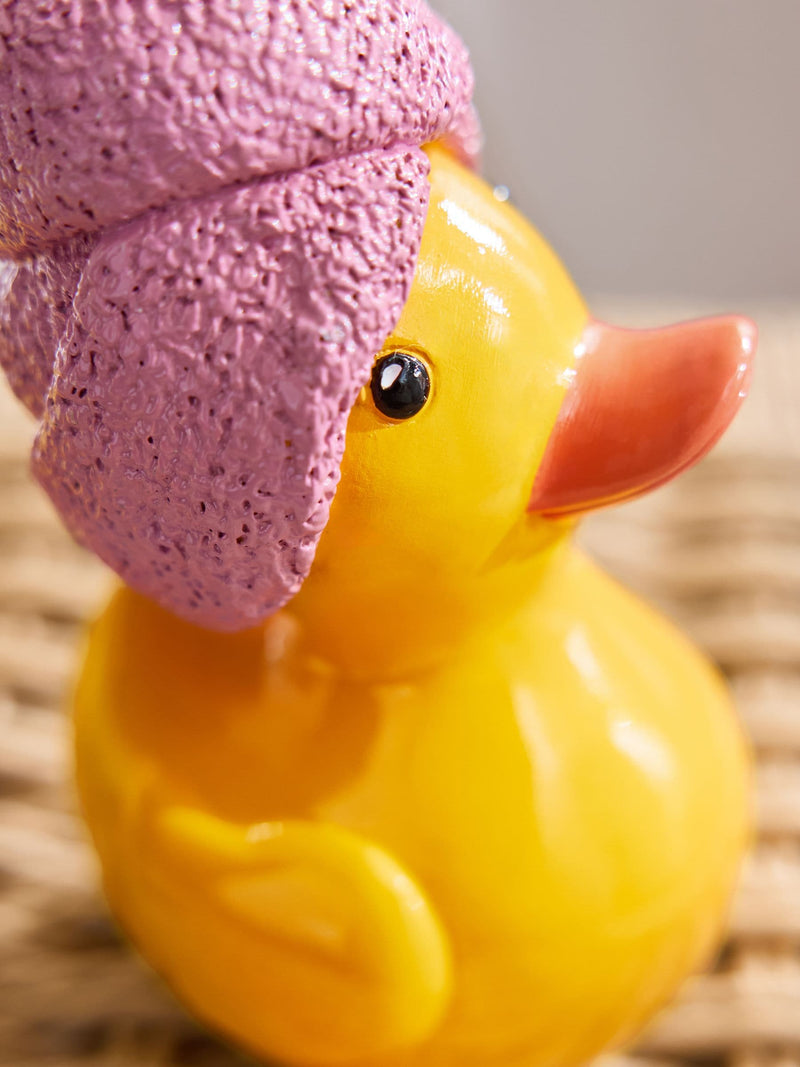 Yellow duck ornament with pink hair wrap 12.5cm, imported from the UK