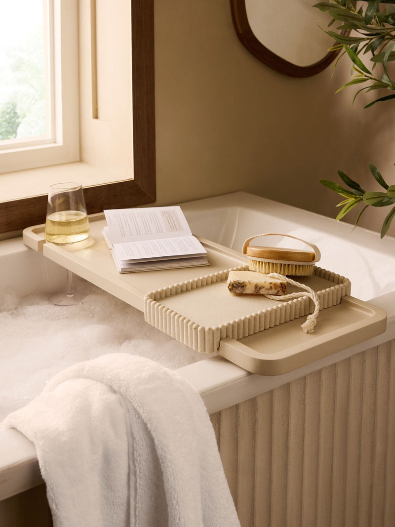 Natural Rib bath tray with wine glass holder - British product