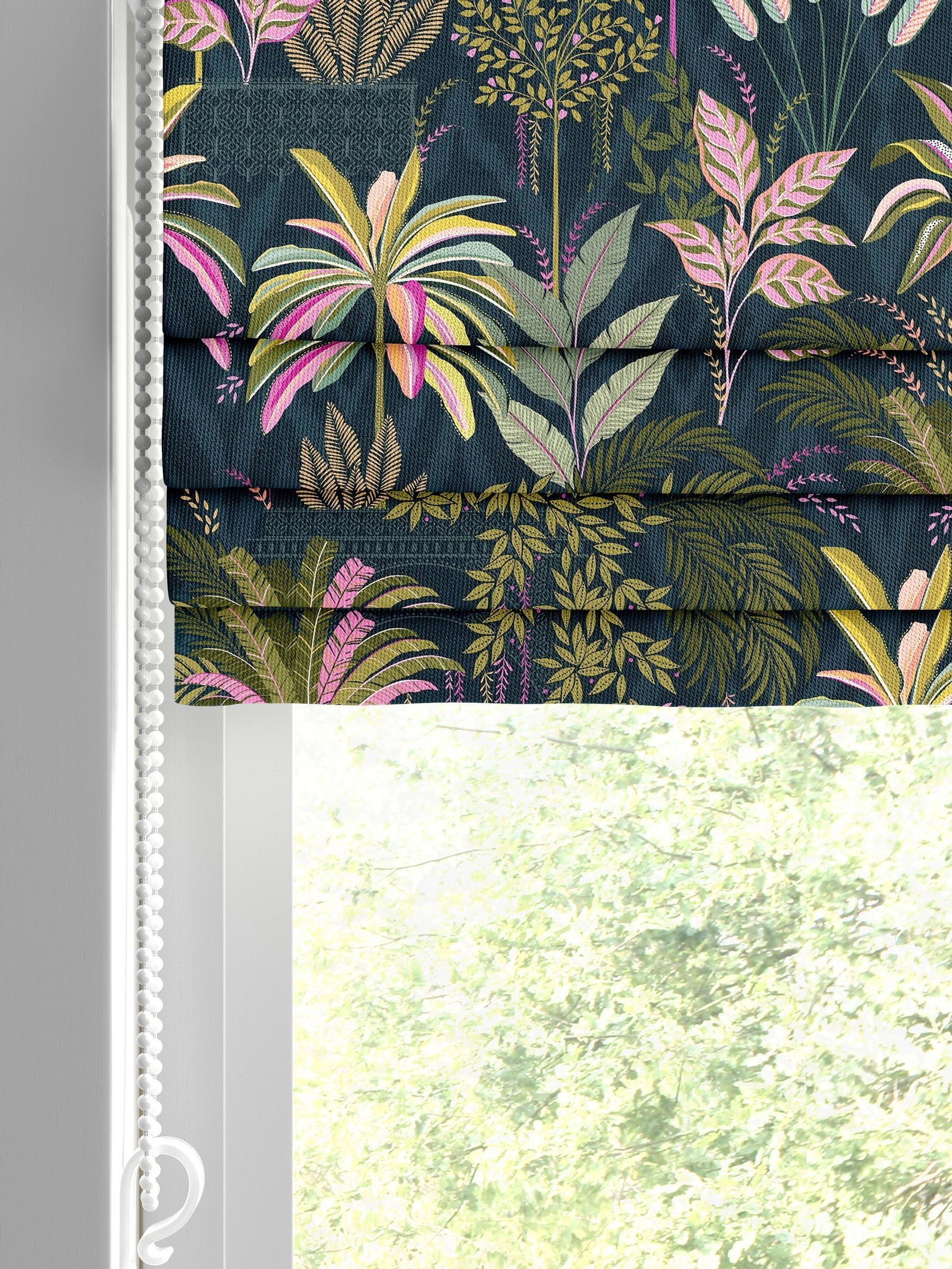 Sara Miller roman blind midnight blue faux silk palm garden, imported from the UK
