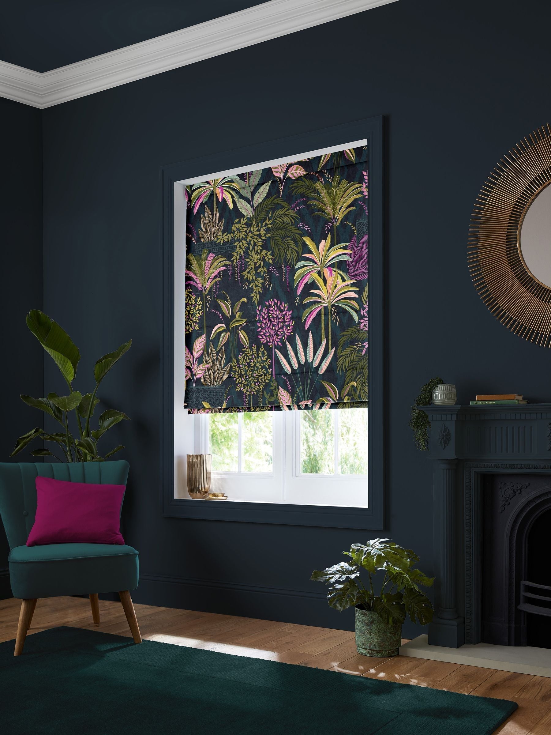 Sara Miller roman blind midnight blue faux silk palm garden, imported from the UK