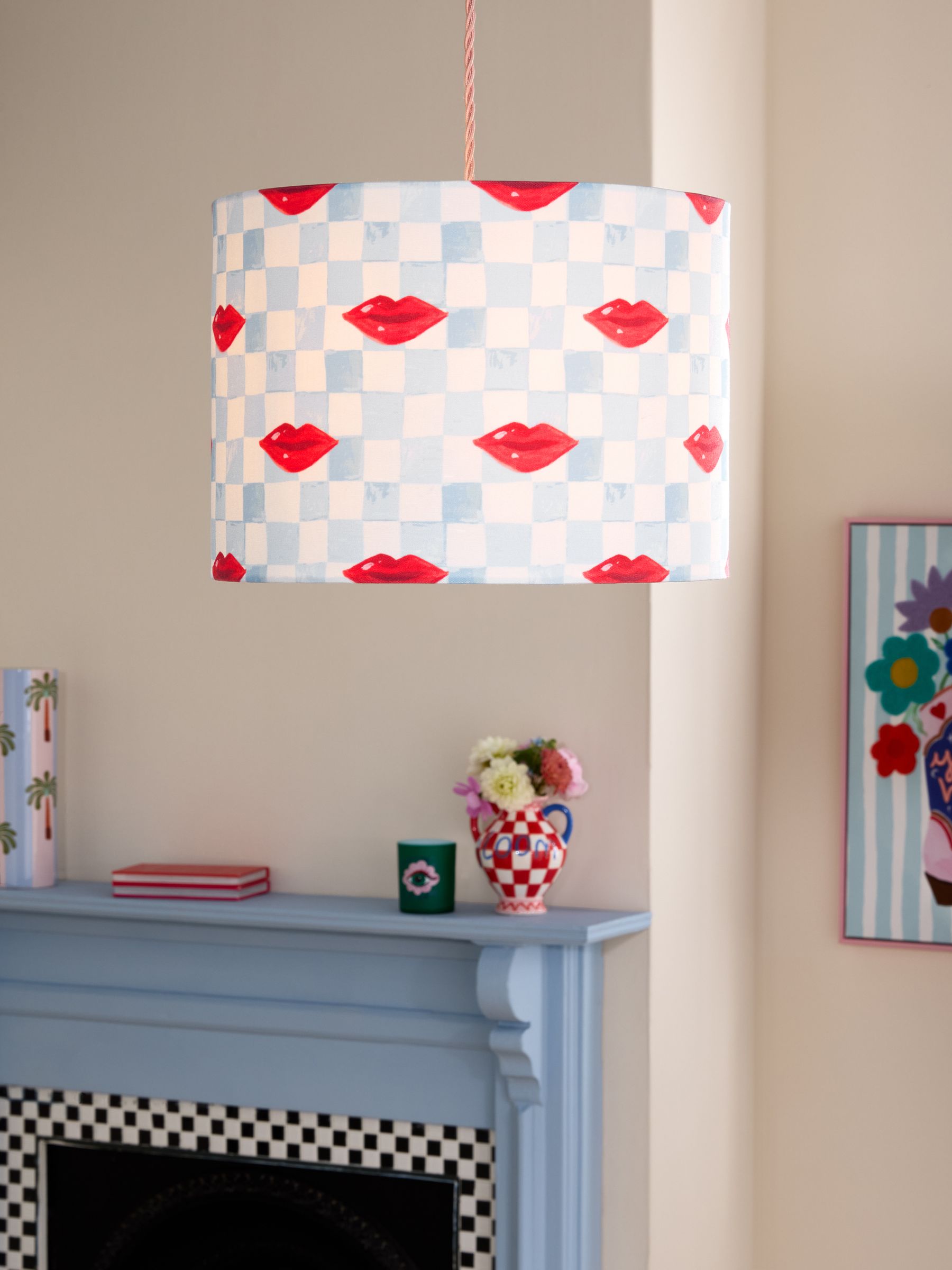 Eleanor Bowmer lampshade blue cream check lips 35cm - British product