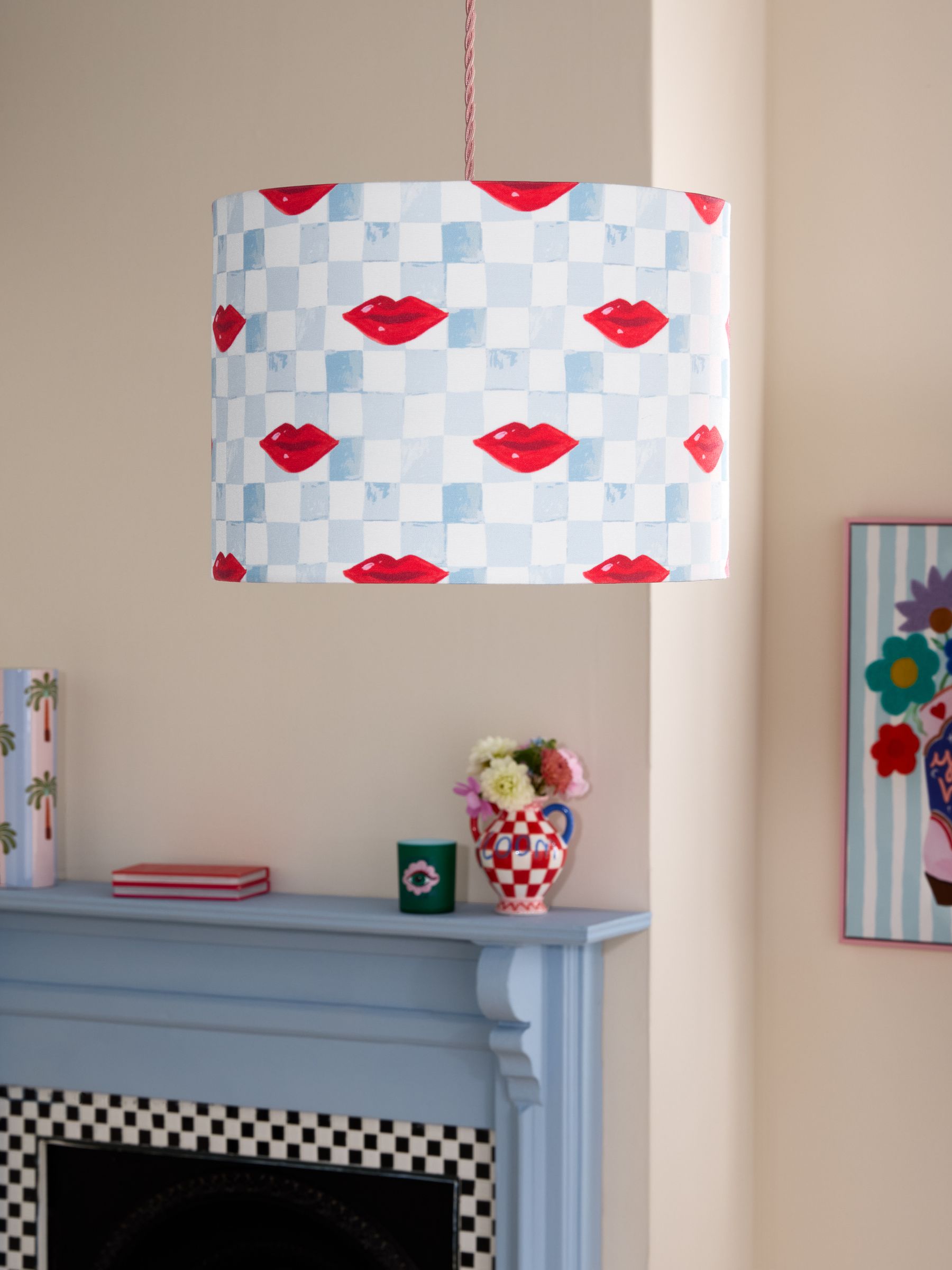 Eleanor Bowmer lampshade blue cream check lips 35cm - British product