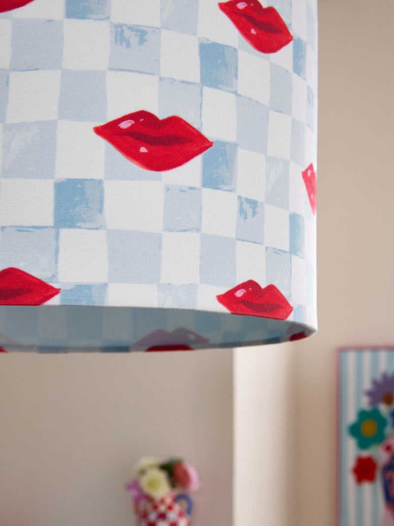 Eleanor Bowmer lampshade blue cream check lips 35cm - British product