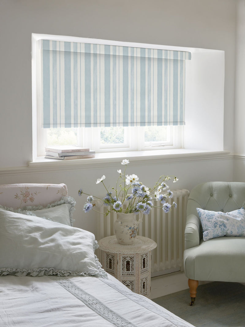 Shabby Chic blackout roller blind pale blue watercolour stripe (British brand)