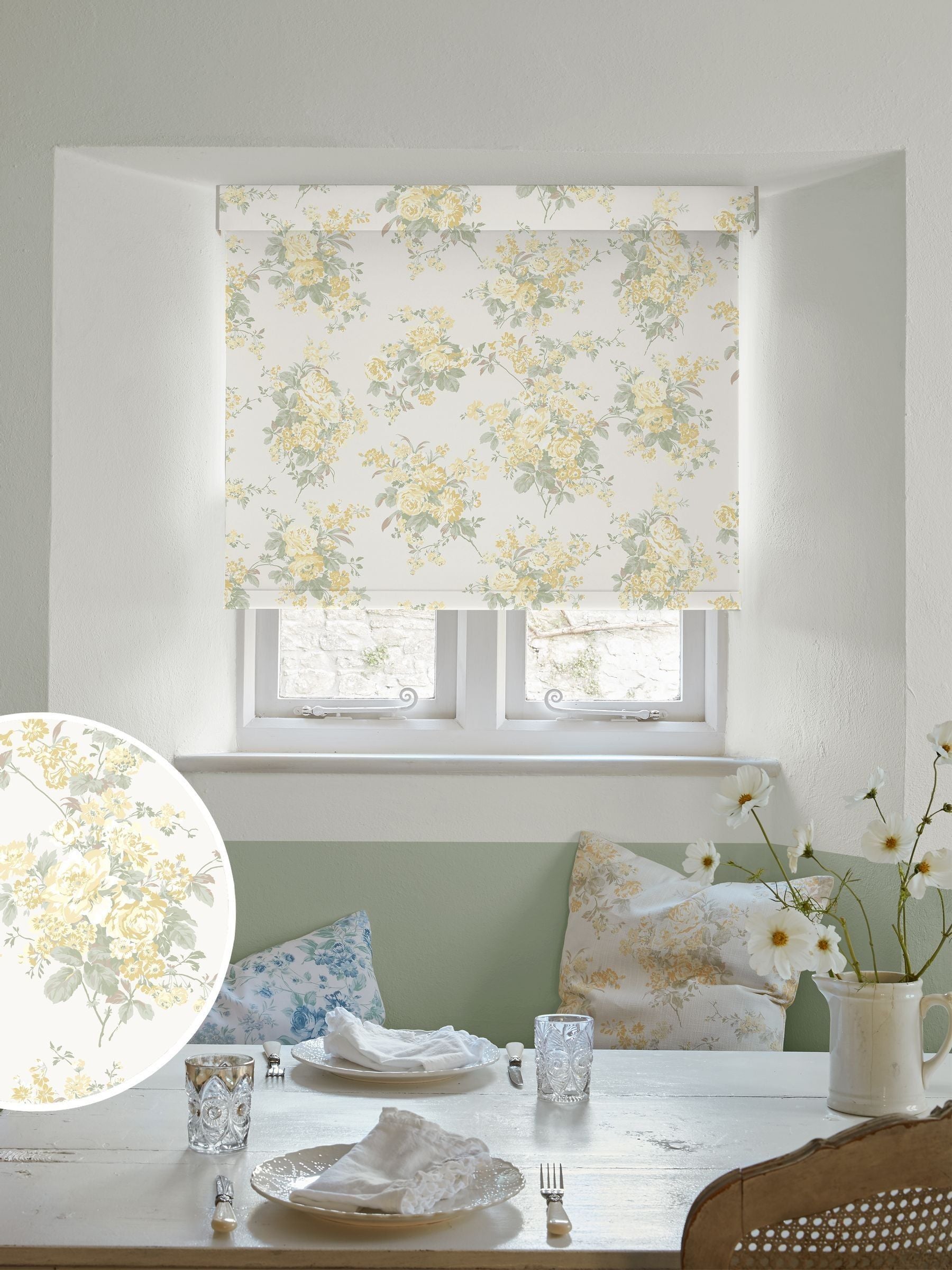 Shabby Chic yellow rose chintz blackout roller blind (British brand)