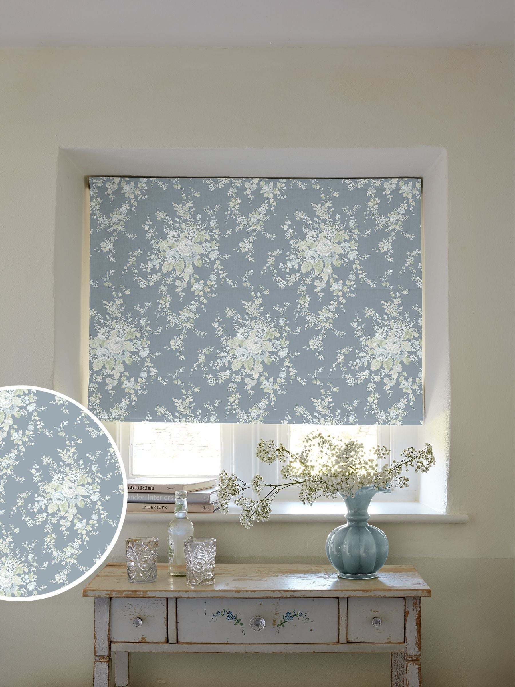 Shabby Chic roman blind dusky blue garden floral (British brand)