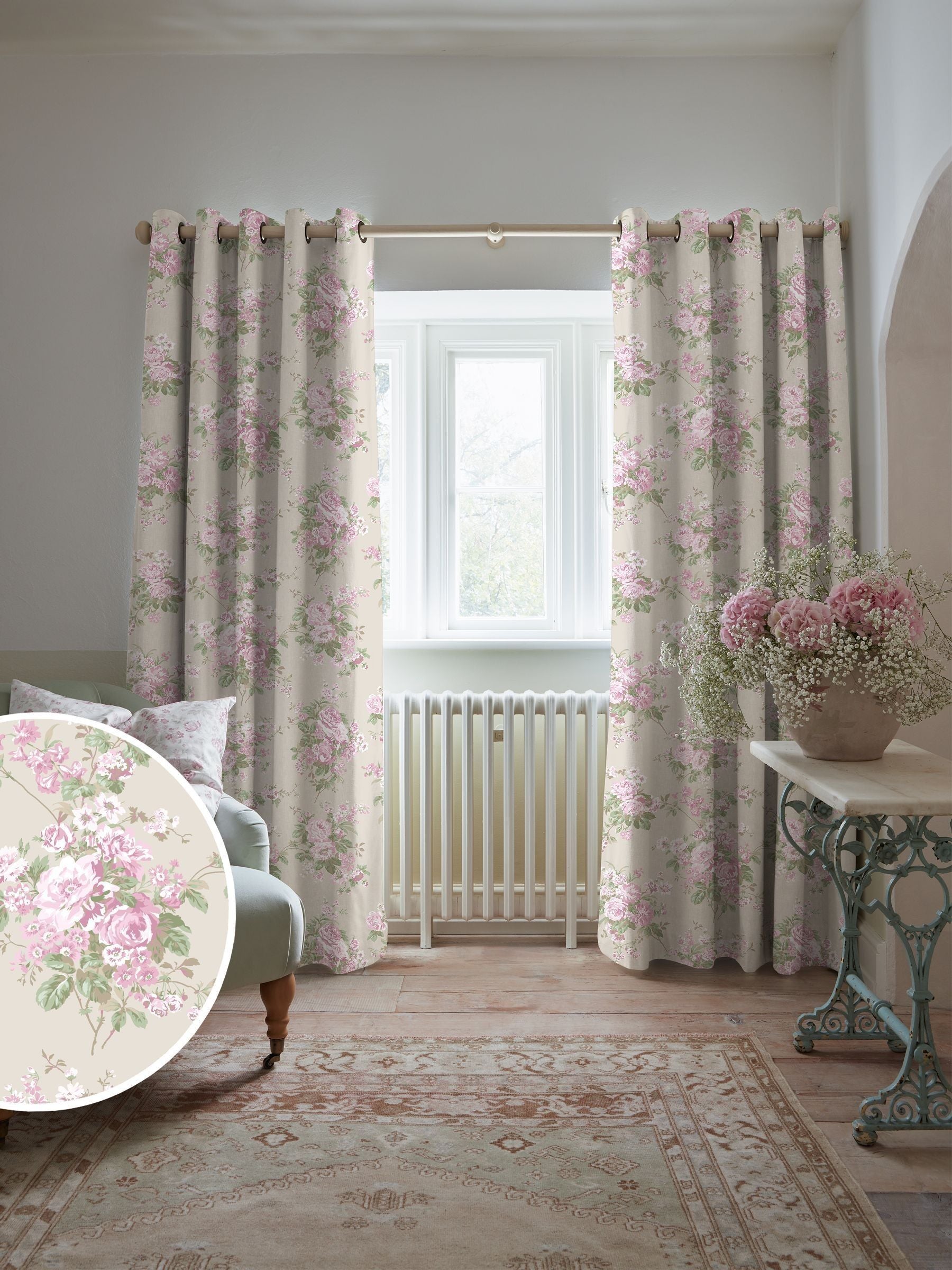 Shabby Chic pink rose chintz made to measure curtains - British product