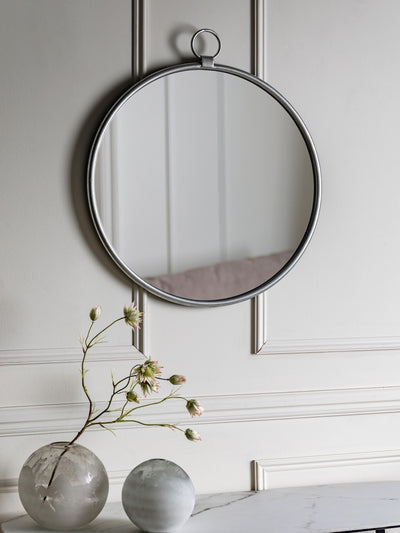 Next Gallery Home Silver Baystone Round Hanging Mirror 70cm x 61cm- Buy online at McGrocer